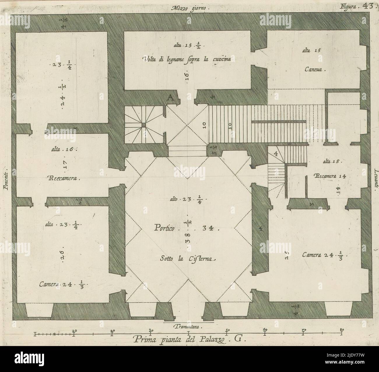 Mappa del primo piano del Palazzo Interiano Pallavicini a Genova, prima pianta del Palazzo. G (titolo su oggetto), questa stampa fa parte di un album., creatore di stampa: Nicolaes Ryckmans, editore: Peter Paul Rubens, Spaanse kroon, Antwerp, 1622, carta, incisione, altezza 188 mm x larghezza 210 mm, altezza 583 mm x larghezza 435 mm Foto Stock