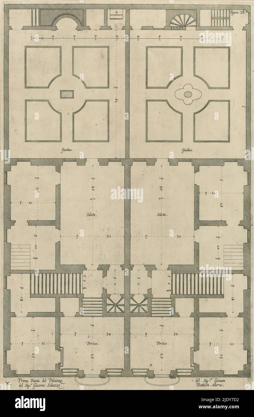 Mappa del primo piano del Palazzo Cattaneo-Adorno di Genova, prima pianta del Palazzo / del sigr. Giacomo Saluzzo (titolo su oggetto), questa stampa fa parte di un album., stampatore: Nicolaes Ryckmans, editore: Peter Paul Rubens, Spaanse kroon, Antwerp, 1622, carta, incisione, altezza 347 mm x larghezza 227 mm, altezza 583 mm x larghezza 435 mm Foto Stock