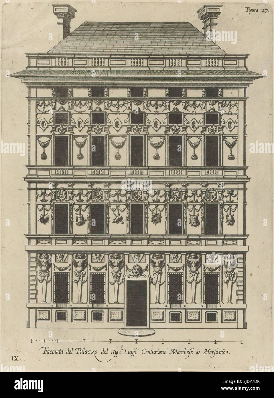 Vista verticale della facciata del Palazzo Podestà di Genova, Facciata del Palazzo del sigr. Luigi Centurione Marchese de Morsascho (titolo su oggetto), questa stampa fa parte di un album., Print maker: Nicolaes Ryckmans, editore: Peter Paul Rubens, Spaanse kroon, Antwerp, 1622, paper, incisione, altezza 273 mm x larghezza 203 mm, altezza 583 mm x larghezza 435 mm Foto Stock