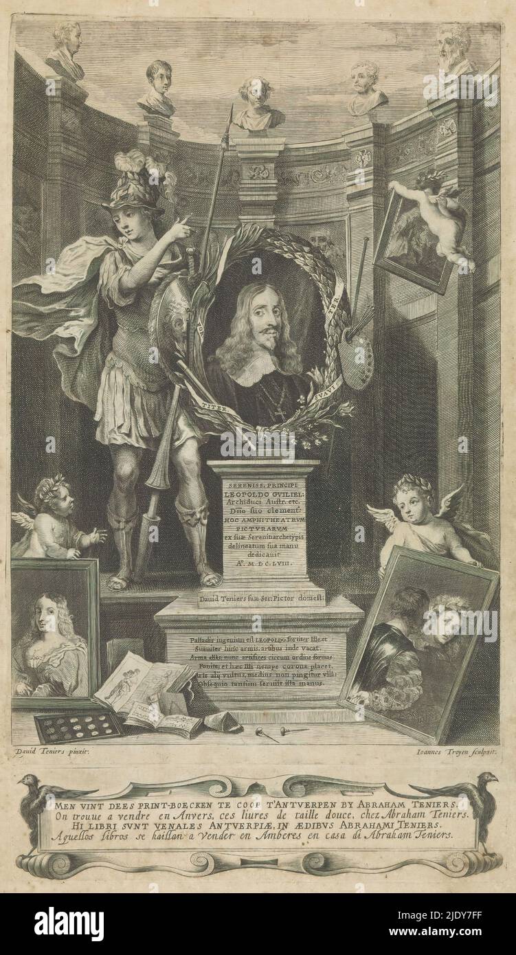 Allegoria dell'arciduca Leopoldo Guglielmo d'Austria, la dea Minerva si trova vicino ad un busto ritratto dell'arciduca Leopoldo Guglielmo d'Austria su un piedistallo. Intorno al ritratto una corona di alloro con forniture di pittore, un'arma da fuoco, e una banda di testo con la traduzione latina di 'potente' e 'coinvolgente'; un riferimento ai titoli dei due dipinti di Tiziano tenuti davanti da putti. Sul piedistallo una dedicazione a dieci linee all'arciduca e una poesia di lode a sei linee, entrambe in latino. Sullo sfondo un edificio classico con busti maschili. Sotto, una pubblicità per i teniers mercantili di Abraham in quattro languag Foto Stock