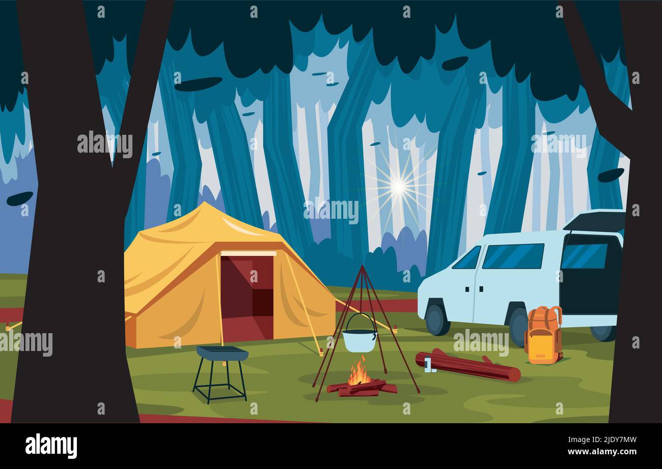 Summer Camp Tent Outdoor Jungle natura Avventura Vacanza Illustrazione Vettoriale