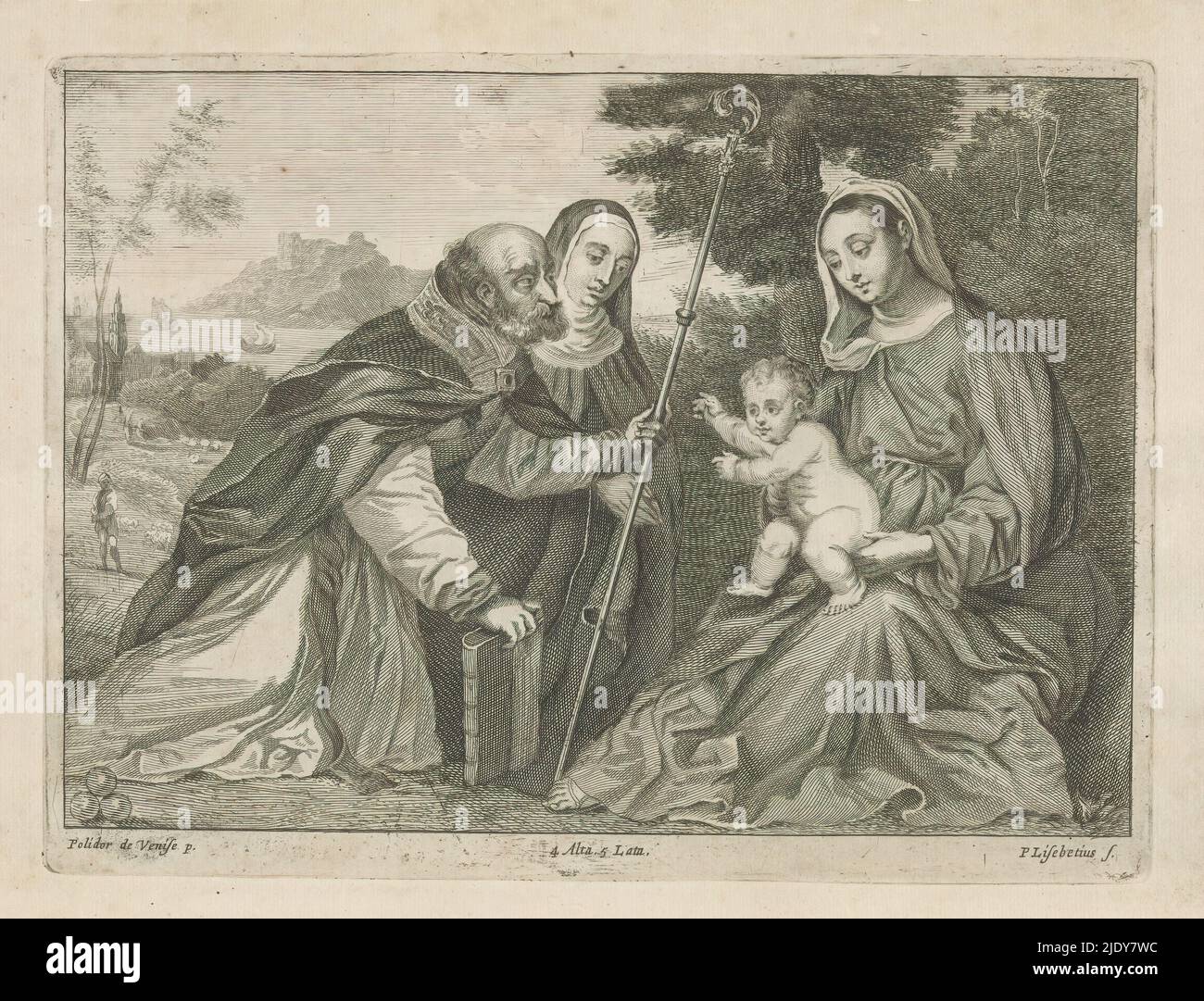 San Nicola di Myra si inginocchia davanti a Maria e al Cristo Bambino, nelle sue mani un libro e il bastone del vescovo. Accanto a lui si inginocchia una suora, forse una santa femmina. Davanti tre palle d'oro. Sullo sfondo un paesaggio. Questa stampa fa parte di un album., stampatore: Peter van Liesebetten, (menzionato sull'oggetto), dopo la pittura di: Polidoro da Lanciano, (menzionato sull'oggetto), editore: David Teniers (II), stampatore: Anversa, dopo la pittura di: Venezia, editore: Bruxelles, 1660, carta, incisione, incisione, altezza 171 mm x larghezza 231 mm Foto Stock