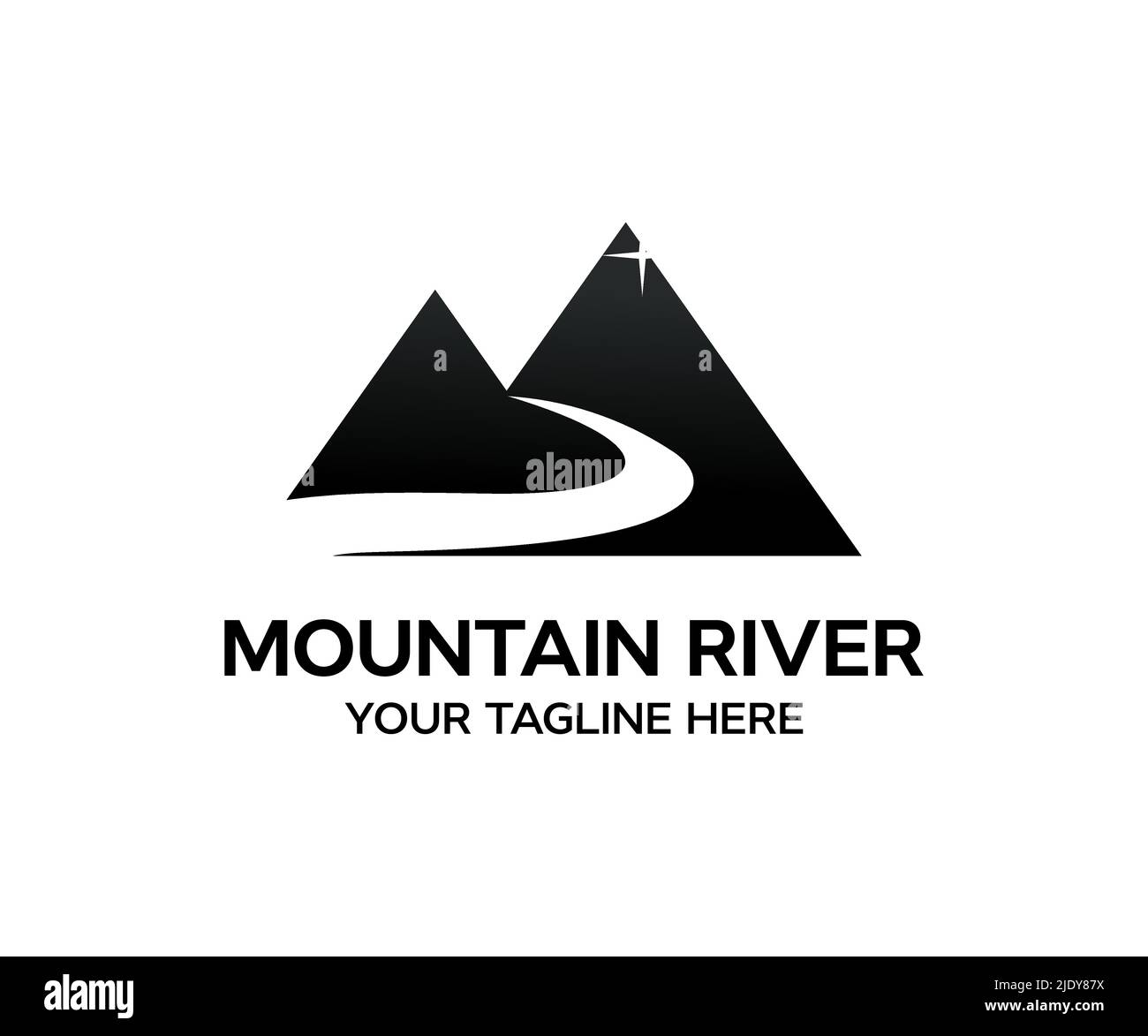 Paesaggio con un fiume in montagna logo design. Paesaggio con sagome di montagne e fiume di montagna. Natura disegno vettoriale e illustrazione Illustrazione Vettoriale