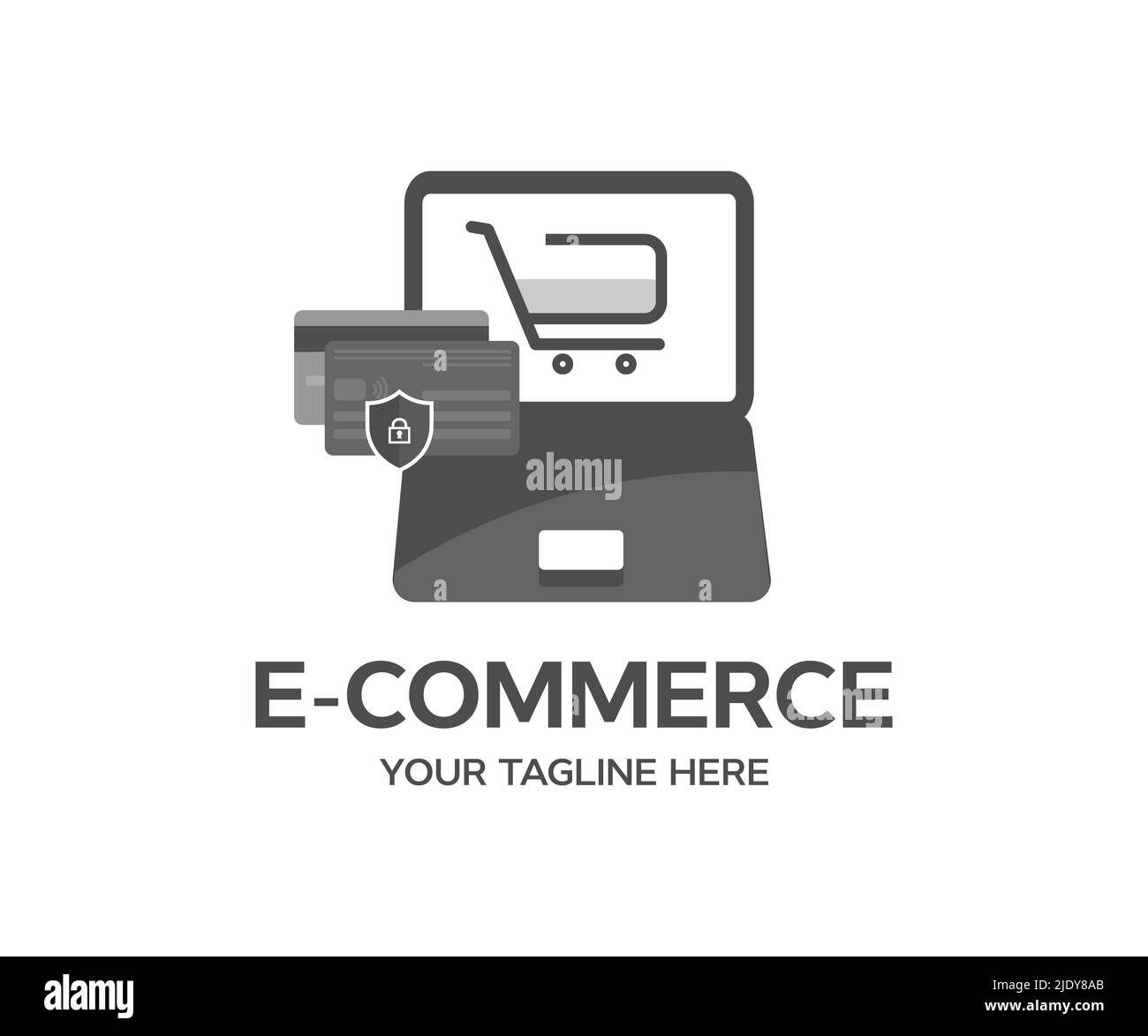 Shopping online, e-commerce e design del logo del concetto di customer experience. E-commerce Aggiungi al carrello online shopping business tecnologia internet concetto. Illustrazione Vettoriale
