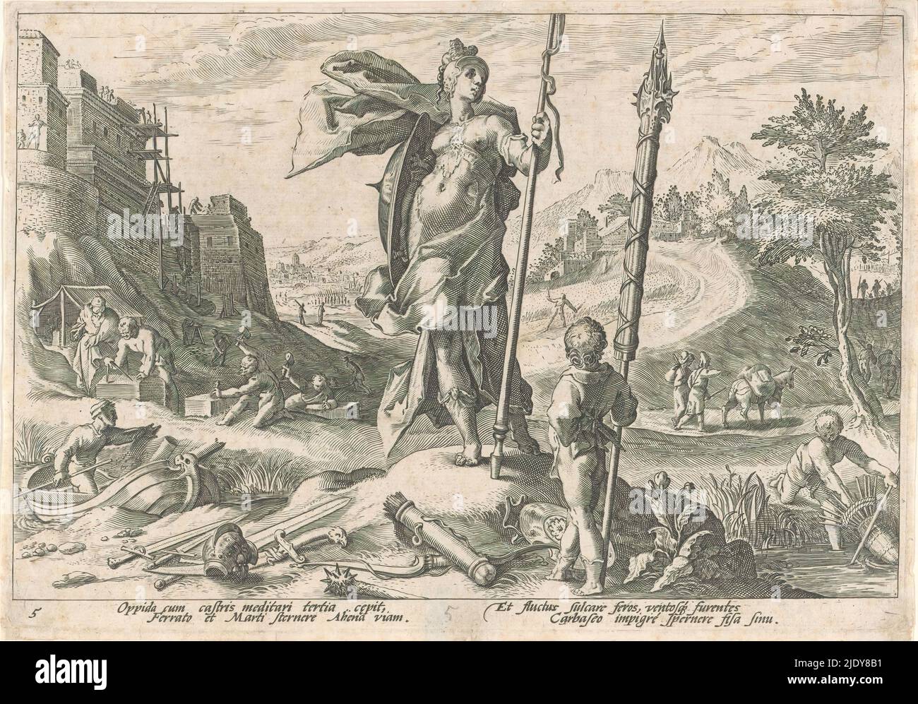 L'età del Bronzo, Metamorfosi di Ovidio (titolo della serie), rappresentazione della vita durante l'età del Bronzo: Gli uomini costruiscono un grande edificio. Al centro si trova la dea Minerva. Davanti a lei c'è un ragazzo che tiene un fascio di armi pugnali. Nel margine inferiore un commento a quattro righe, in due colonne, in latino., tipografo: Hendrick Goltzius, (laboratorio di), dopo disegno di: Hendrick Goltzius, Franco Estius, Haarlem, 1589, carta, incisione, altezza 177 mm x larghezza 255 mm Foto Stock