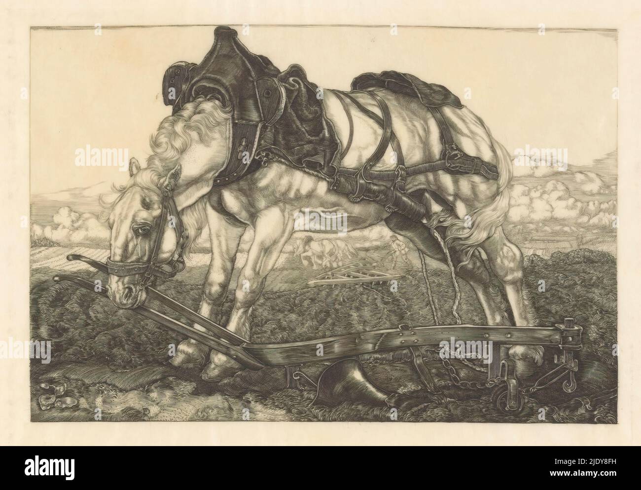 Cavallo dell'aratro di riposo, Un cavallo è piegato su un aratro. Sotto il ventre del cavallo, una vista di un erpice e di una coppia arante di cavalli., stampatore: Pieter Dupont, Nogent-sur-Marne, 1902, pergamena (materiale animale), incisione, altezza 160 mm x larghezza 240 mm Foto Stock
