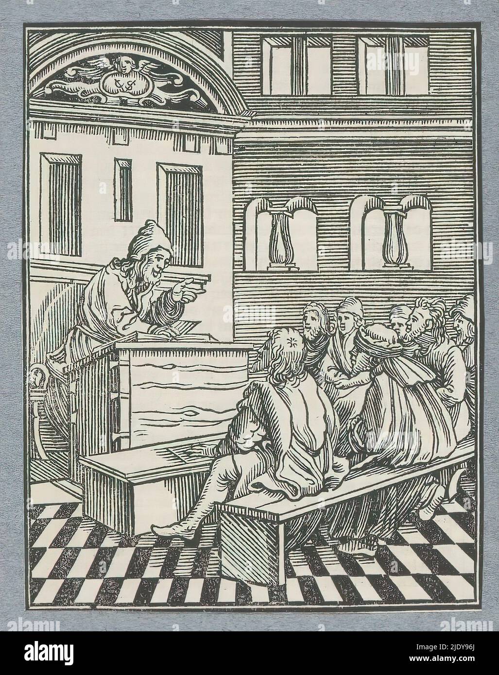 Il profeta Amos insegna, il profeta Amos profetizza e insegna, mentre si trova dietro un banco di lettura al popolo sui banchi davanti a lui. La stampa fa parte di un album., stampatore: Christoffel van Sichem (II), (menzionato sull'oggetto), stampatore: Christoffel van Sichem (III), (menzionato sull'oggetto), dopo la stampa di: Veit Rudolf Specklin, Amsterdam, 1645 - 1646, carta, stampa letterina, altezza 112 mm x larghezza 86 mm Foto Stock