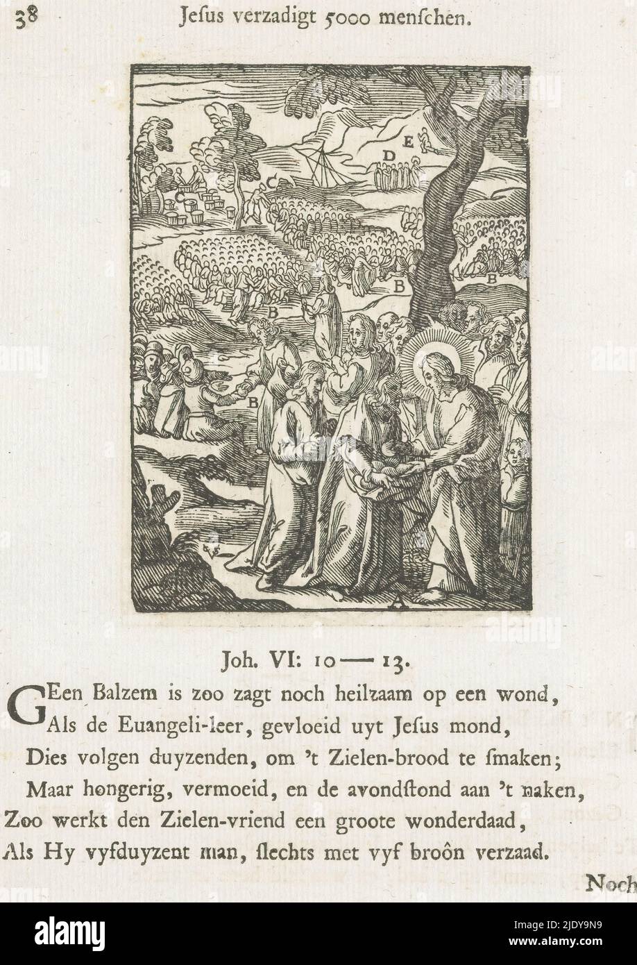 Seconda alimentazione miracolosa, Gesù sates 5000 menschen (titolo sull'oggetto), Cristo ha compassione sul popolo perché non hanno mangiato nulla per tre giorni. Egli fa sedere il popolo a terra e moltiplica il pane dei suoi discepoli in modo che ci sia cibo sufficiente per tutti. Diversi elementi della performance hanno accanto delle lettere. Sopra l'immagine è presente un titolo. Di seguito sono riportati sei versi e un riferimento a Giovanni 6: 10-13. La stampa fa parte di un album., stampatore: Christoffel van Sichem (II), (menzionato sull'oggetto), dopo la stampa di: Antonie Wierix (II), dopo la pittura di: Bernardino Pas Foto Stock