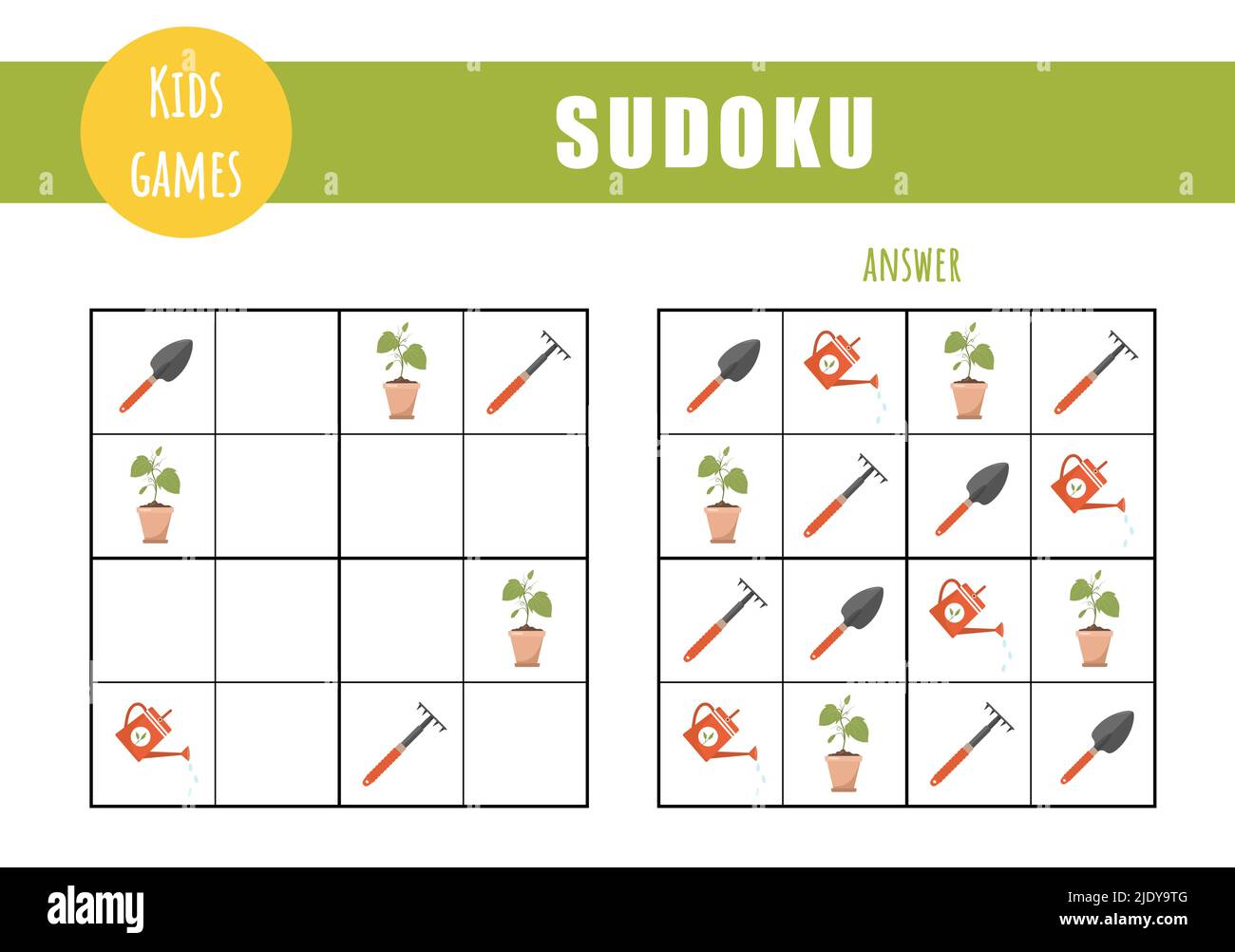 Sudoku per bambini. Foglio attività per bambini. Gioco di puzzle con attrezzi da giardino. Concetto di istruzione e tempo libero. Illustrazione vettoriale in stile cartoon piatto Illustrazione Vettoriale