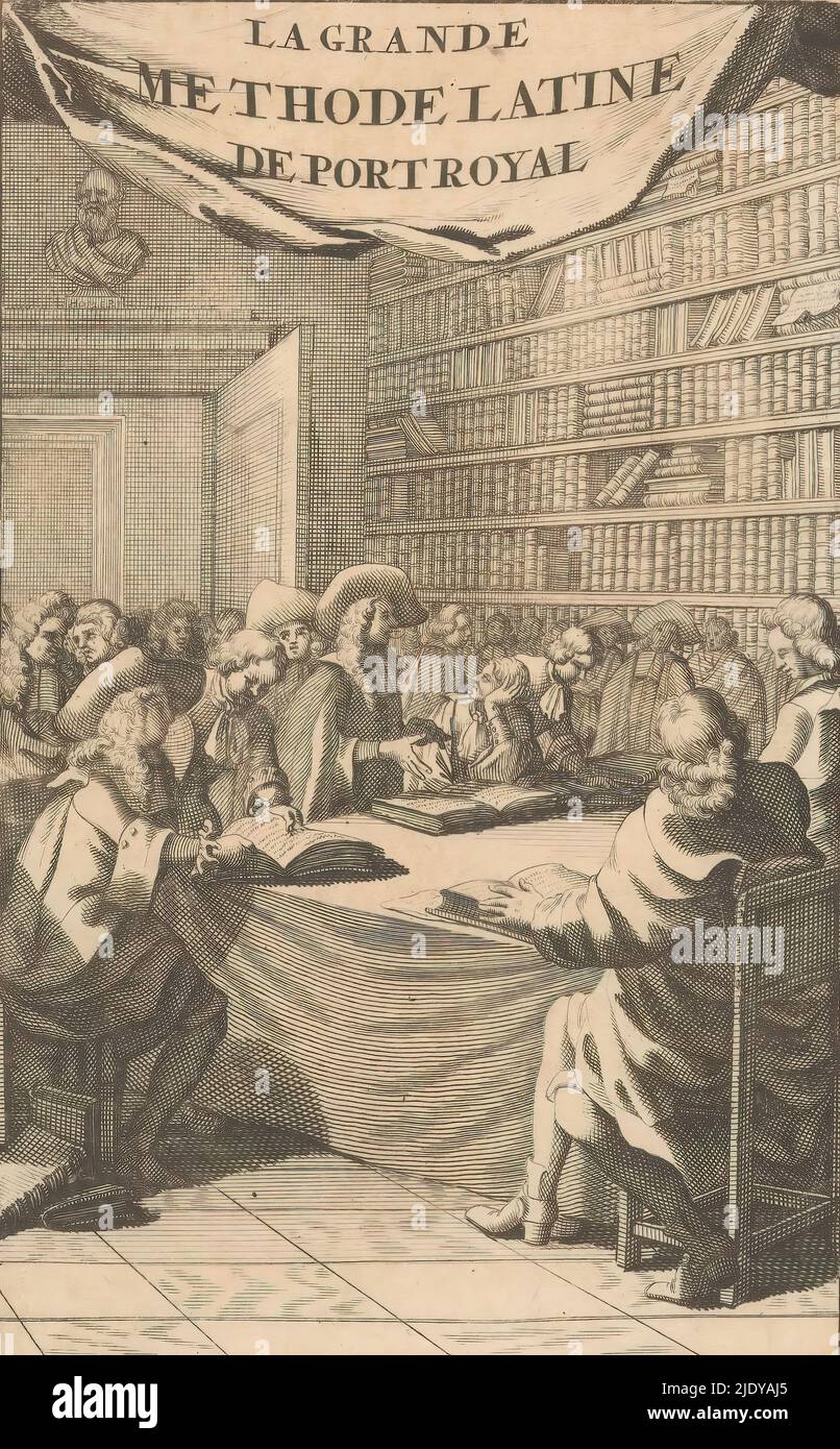 Uomini in una biblioteca, pagina del titolo per: Claude Lancelot, Nouvelle metode ((...)) pour apprendre facilement la langue Latine, 1696, stanza affollata con una libreria lungo un muro e un busto di Omero sopra la porta. Attorno al tavolo seduti e uomini in piedi discutere di alcuni libri aperti., creatore di stampa: anonimo, editore: weduwe Sébastien Mabre-Cramoisy, Parigi, 1696, carta, incisione, incisione, altezza 174 mm x larghezza 105 mm Foto Stock