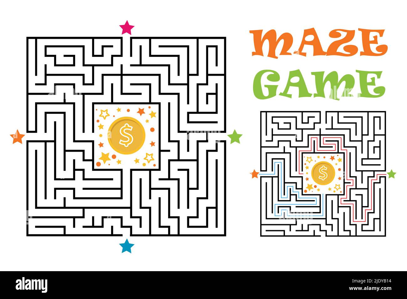 Labirinto quadrato gioco per bambini. Labirinto logica di enigma con moneta d'oro. Quattro ingressi e un modo giusto per andare. Illustrazione piatta vettoriale Illustrazione Vettoriale