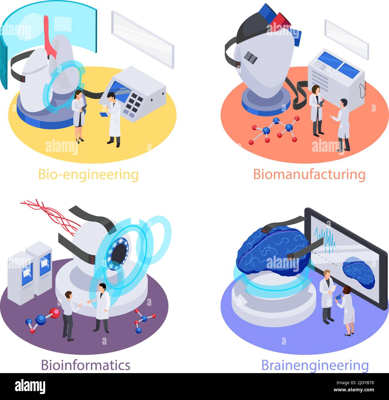 Future tecnologia isometrica 4x1 set di composizioni isolate con persone futuristiche dispositivi di laboratorio e illustrazione di testo vettore Illustrazione Vettoriale