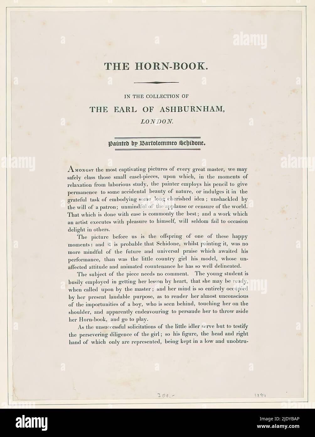 Scheda di testo che descrive il dipinto di Bartolomeo Schedoni nella collezione del Conte di Ashburnham a Londra., anonimo, c. 1816, carta, stampa tipografica, altezza 383 mm x larghezza 277 mm Foto Stock