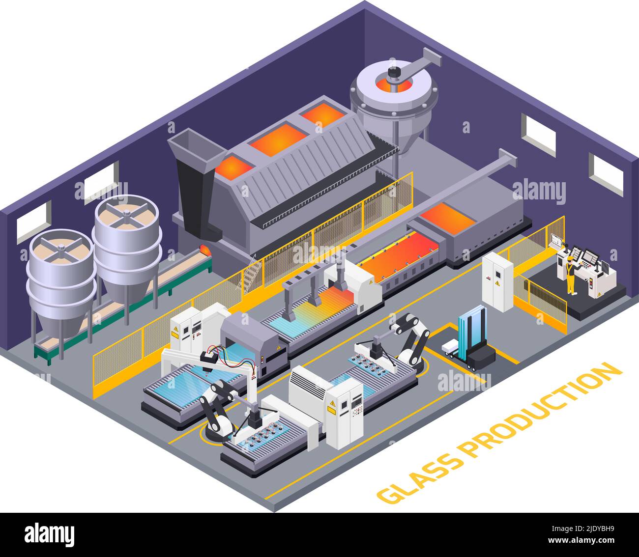 Produzione vetro composizione isometrica di testi e scenari interni con linea di produzione trasportatore automatizzato con manipolatori illustrazione vettoriale Illustrazione Vettoriale