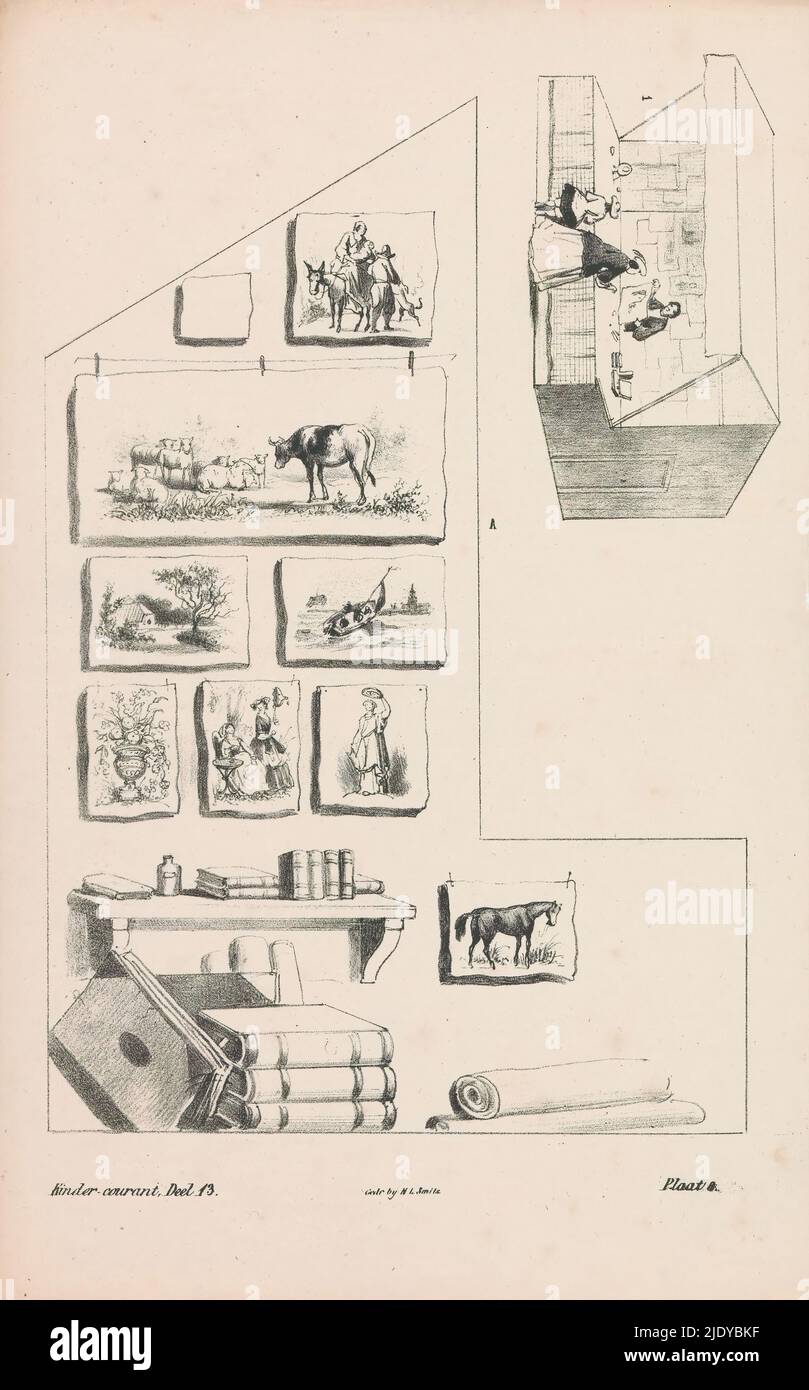 Piastra di costruzione per un picture stall, Picture stall di Fortunatus, questa piastra con la lettera A è parte della piastra di costruzione il 'Picture stall di Fortunatus'. Oltre a una parte del consiglio di amministrazione, contiene un esempio di come dovrebbe apparire il quadro di stallo. Numerato sotto: Children's Courant Volume 13, Plate 8., Print maker: anonymous, printer: H.L. Smits, (menzionato sull'oggetto), editore: H.L. Sems, l'Aia, c.. 1884 - c. 1901, carta, altezza 213 mm x larghezza 340 mm Foto Stock