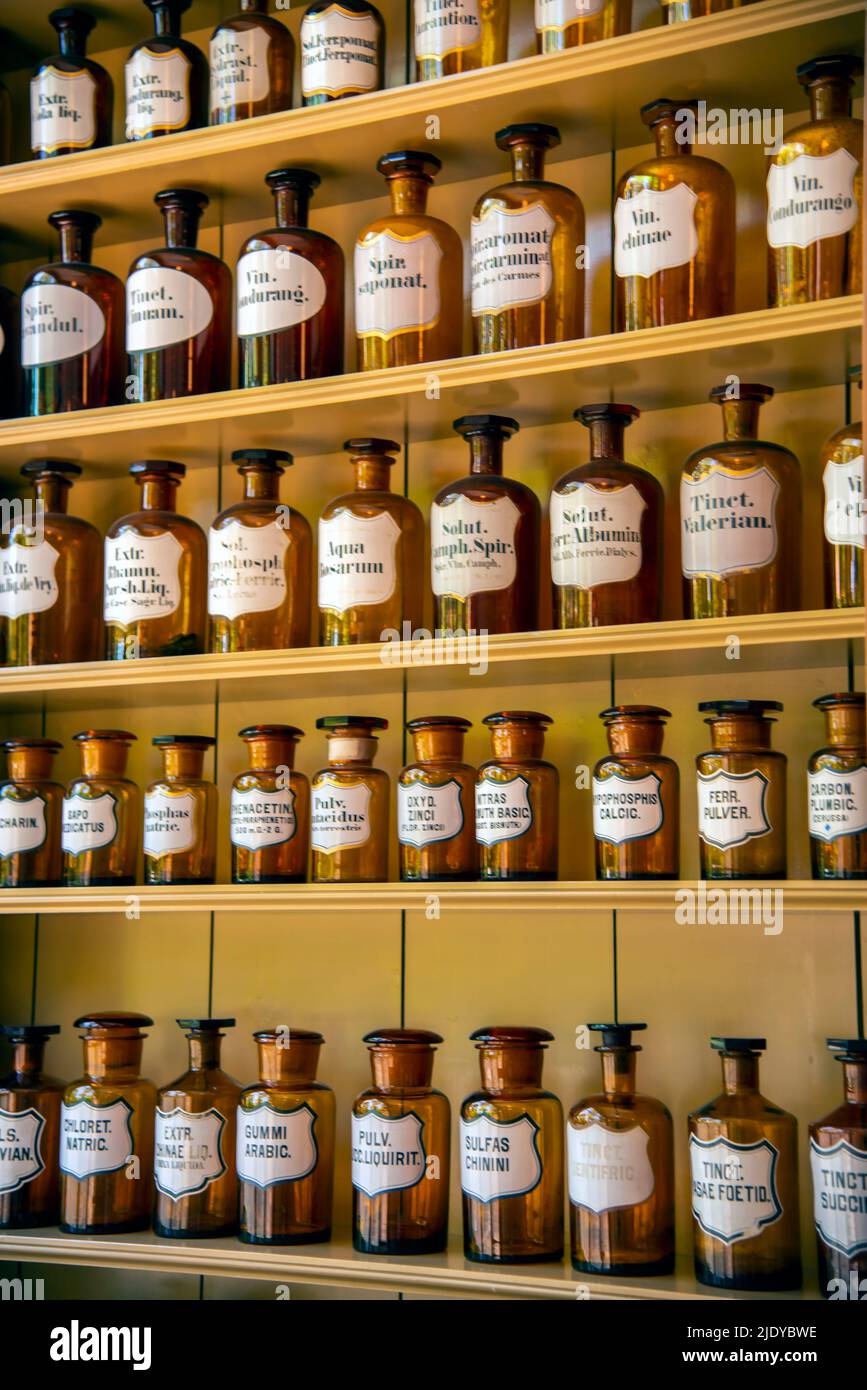 Enkhuizen, Paesi Bassi, giugno 2022. Ripiani con vasetti di vetro contenenti ingredienti per la medicina. Foto di alta qualità. Primo piano. Messa a fuoco selettiva. Foto Stock