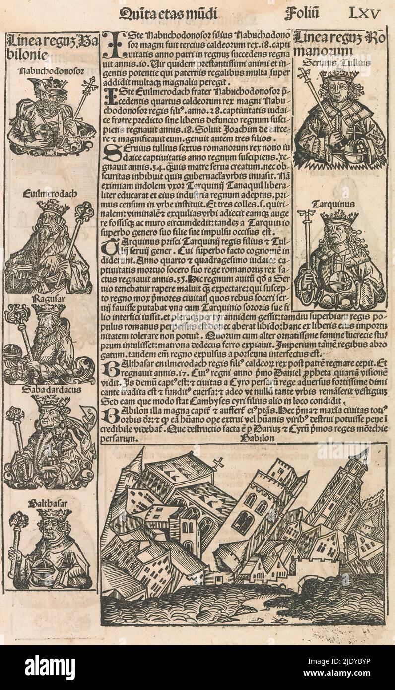 Pagina dalla Cronaca di Norimberga di Schedel, foglio 45r, pagina dalla Cronaca di Norimberga di Hartmann Schedel con un frammento dell'albero genealogico dei governanti dell'Impero Babilonese a sinistra e dei governanti dell'Impero Romano a destra. Sotto la città crollata di Babilonia. Numerato in alto a destra: LXV., tipografo: Michel Wolgemut, (laboratorio di), tipografo: Wilhelm Pleydenwurff, (laboratorio di), Hartmann Schedel, Neurenberg, 1493, carta, stampa tipografica, altezza 472 mm x larghezza 322 mm Foto Stock