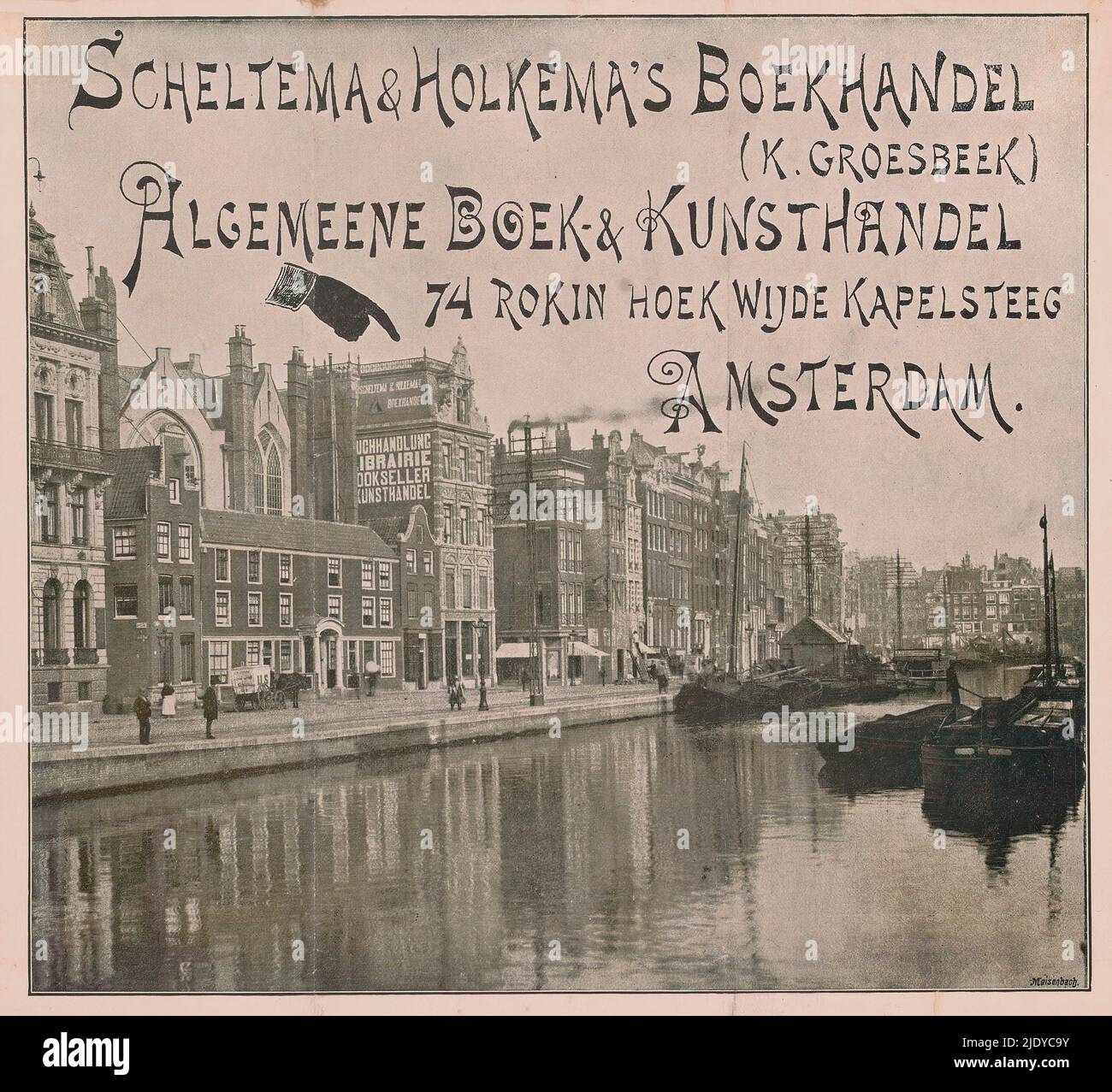 Scheltema & Holkema's Boekhandel, Scheltema & Holkema's Boekhandel (K. Groesbeek) Algemeene Boek- & Kunsthandel 74 Rokin hoek Wijde Kapelsteeg Amsterdam (titolo sull'oggetto), vista del Rokin verso Piazza Dam con Scheltema & Holkema's Boekhandel al numero 74, all'angolo con Wijde Kapelsteeg., Georg Meisenbach, (menzionato sull'oggetto), in o dopo il 1893, o prima del 1885, in carta, o dopo altezza 224 mm x larghezza 251 mm Foto Stock