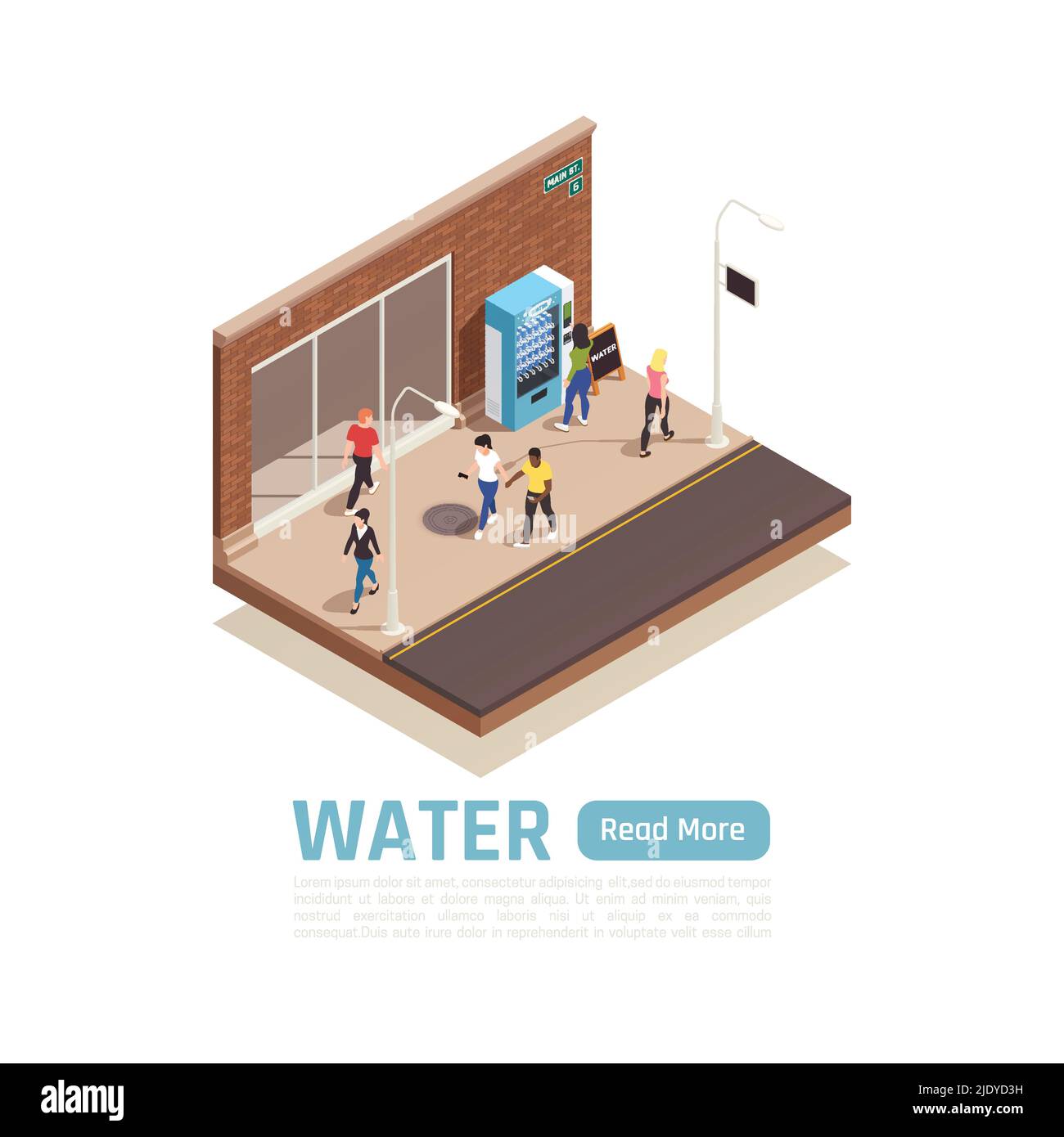Sfondo isometrico di erogazione dell'acqua con vista della gente del marciapiede della città e distributore automatico con bottiglie d'acqua illustrazione vettoriale Illustrazione Vettoriale