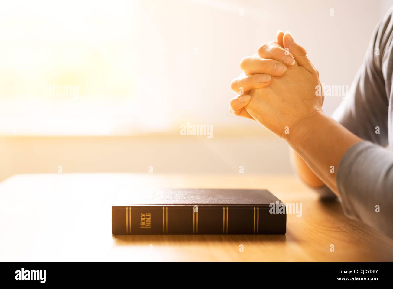 Luce del sole che cade sulla mano della donna sopra il Libro della Bibbia santo Foto Stock