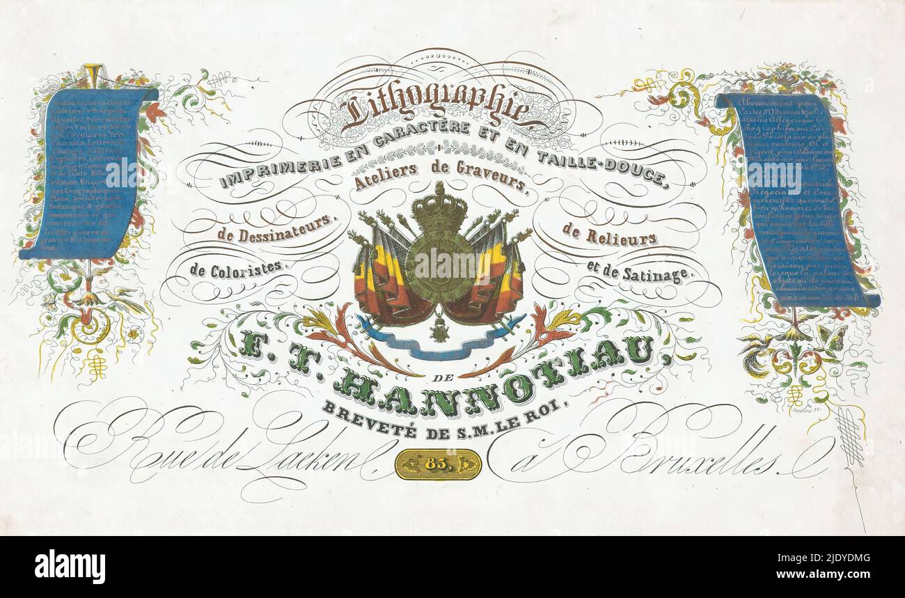 Biglietto da visita della stampante Ferdinand Théodore Hannotiau a Bruxelles, stemma del Belgio con bandiere, motto e ordine Leopold. Due banderoles elencano i prodotti disponibili presso Hannotiau., tipografo: Coppens, (menzionato sull'oggetto), tipografo: Ferdinand Théodore Hannotiau, (menzionato sull'oggetto), Bruxelles, c.. 1846, materiale, altezza 132 mm x larghezza 226 mm Foto Stock