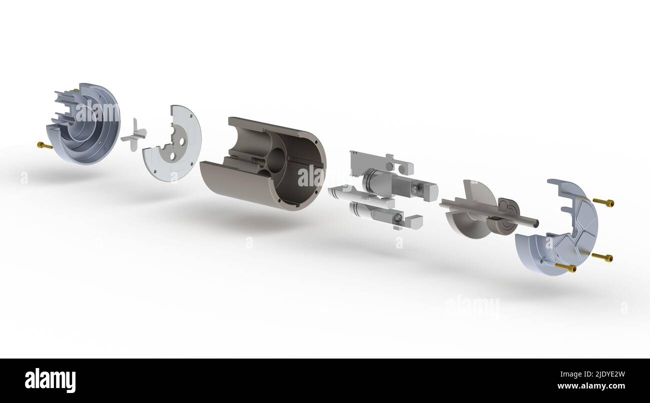 Vista esplosa del compressore dell'aria condizionata per auto 3D che rende isolato su sfondo bianco Foto Stock