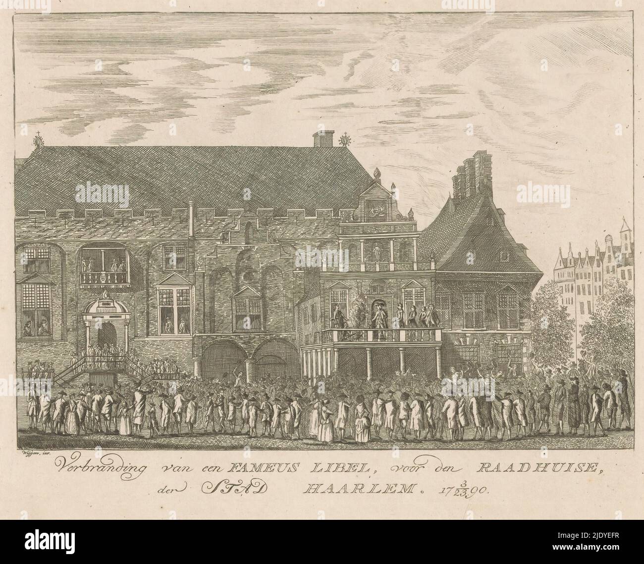 Bruciare un opuscolo a Haarlem, 1790, Burning of a Fameus libel, di fronte alla Casa del Consiglio della Città di Haarlem. 17 3/23 90 (titolo su oggetto), tipografo: anonimo, dopo disegno da: Wiggers, (menzionato su oggetto), 1790, carta, incisione, altezza 210 mm x larghezza 252 mm Foto Stock