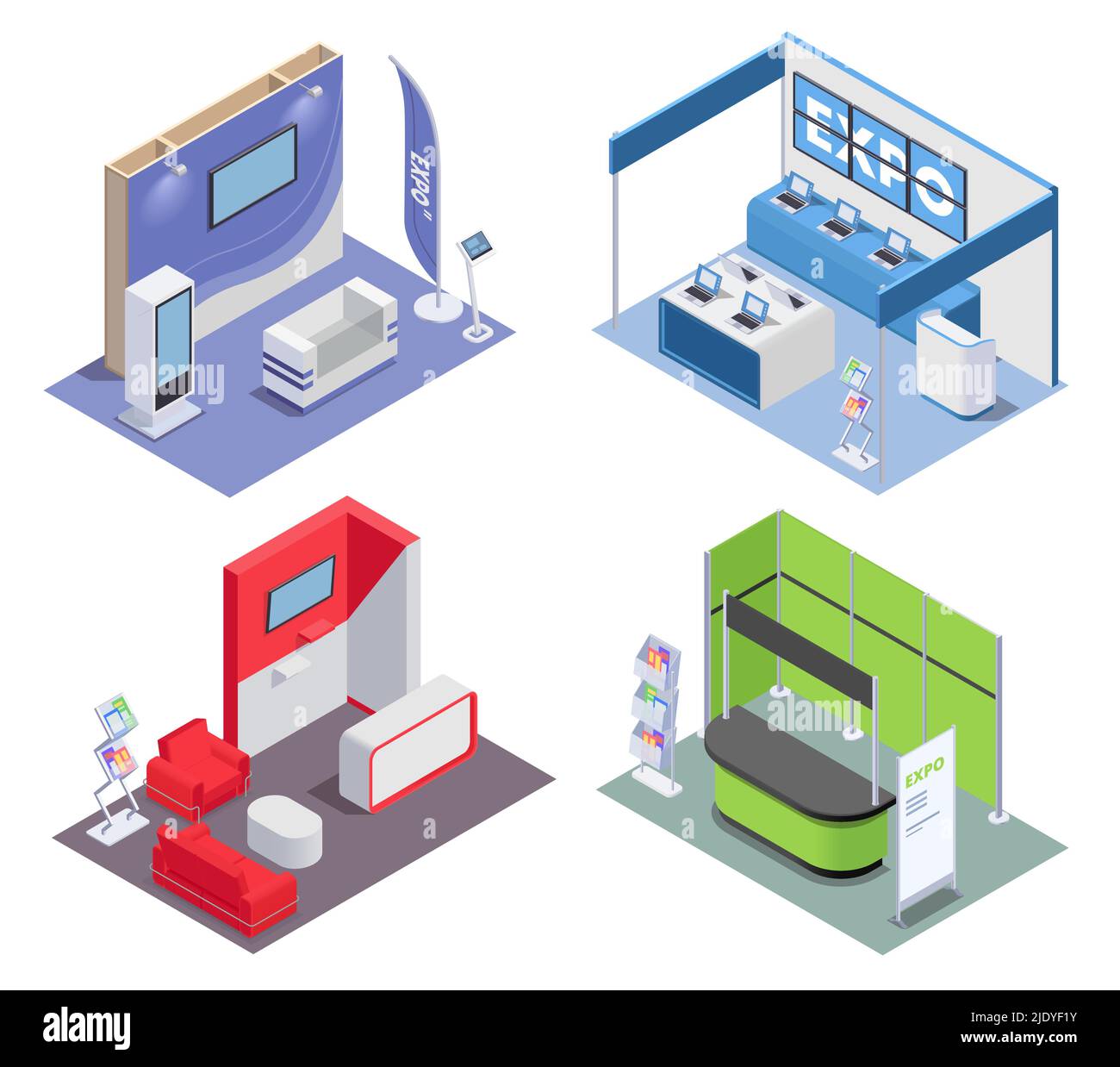 Concetto di design isometrico 2x2 con expo vuoto stand in sale per esposizione e promozione 3D isolato vettore illustrazione Illustrazione Vettoriale