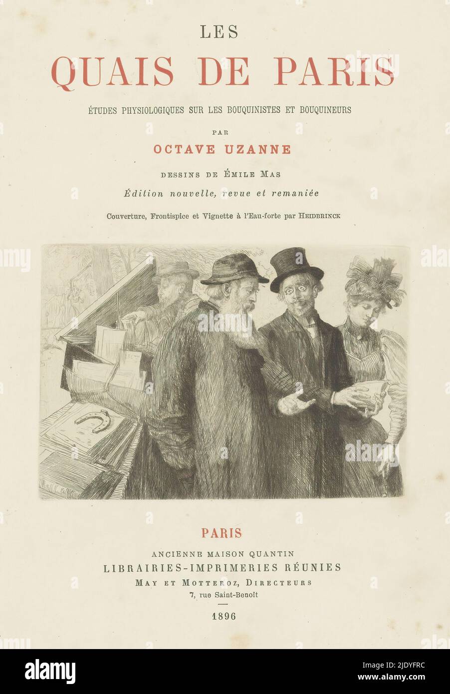 Uomo e donna in conversazione con un libraio, pagina del titolo per: Ottave Uzanne, Les Quais de Paris, 1896, in background un libro stalla su un banchina., tipografia: Oswald Heidbrinck, (menzionato sull'oggetto), editore: Librairies-Imprimaries Réunies (Ancienne Maison Quantin), (menzionato sull'oggetto), Parigi, 1896, carta, incisione, punto secco, altezza 75 mm x larghezza 110 mm Foto Stock