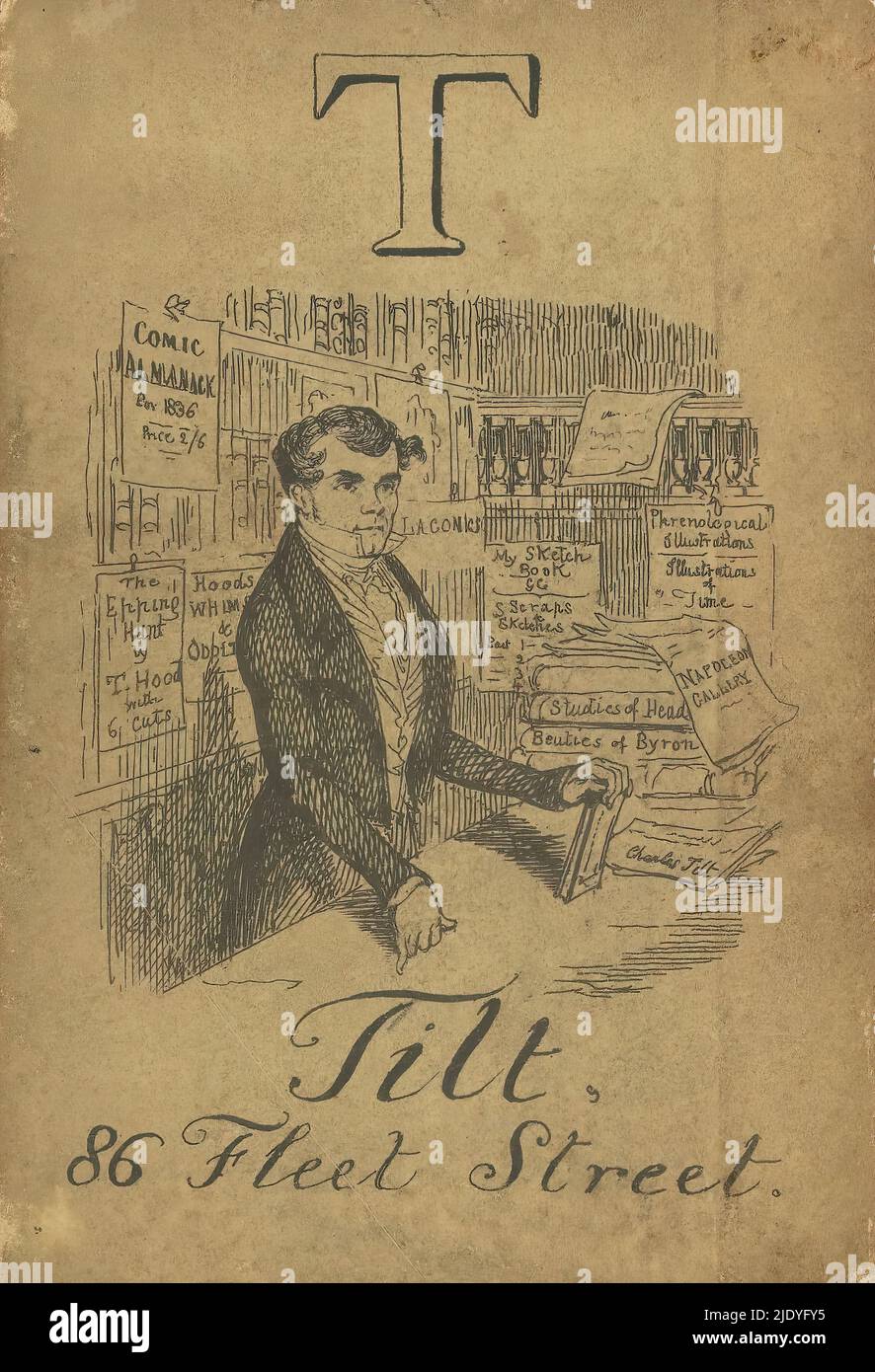 Ritratto dell'editore Charles Tilt dietro il bancone, illustrazione della lettera T del 'alfabeto comico'., tipografo: George Cruikshank, editore: Charles Tilt, Londra, 1836, carta, incisione, altezza 128 mm x larghezza 90 mm Foto Stock