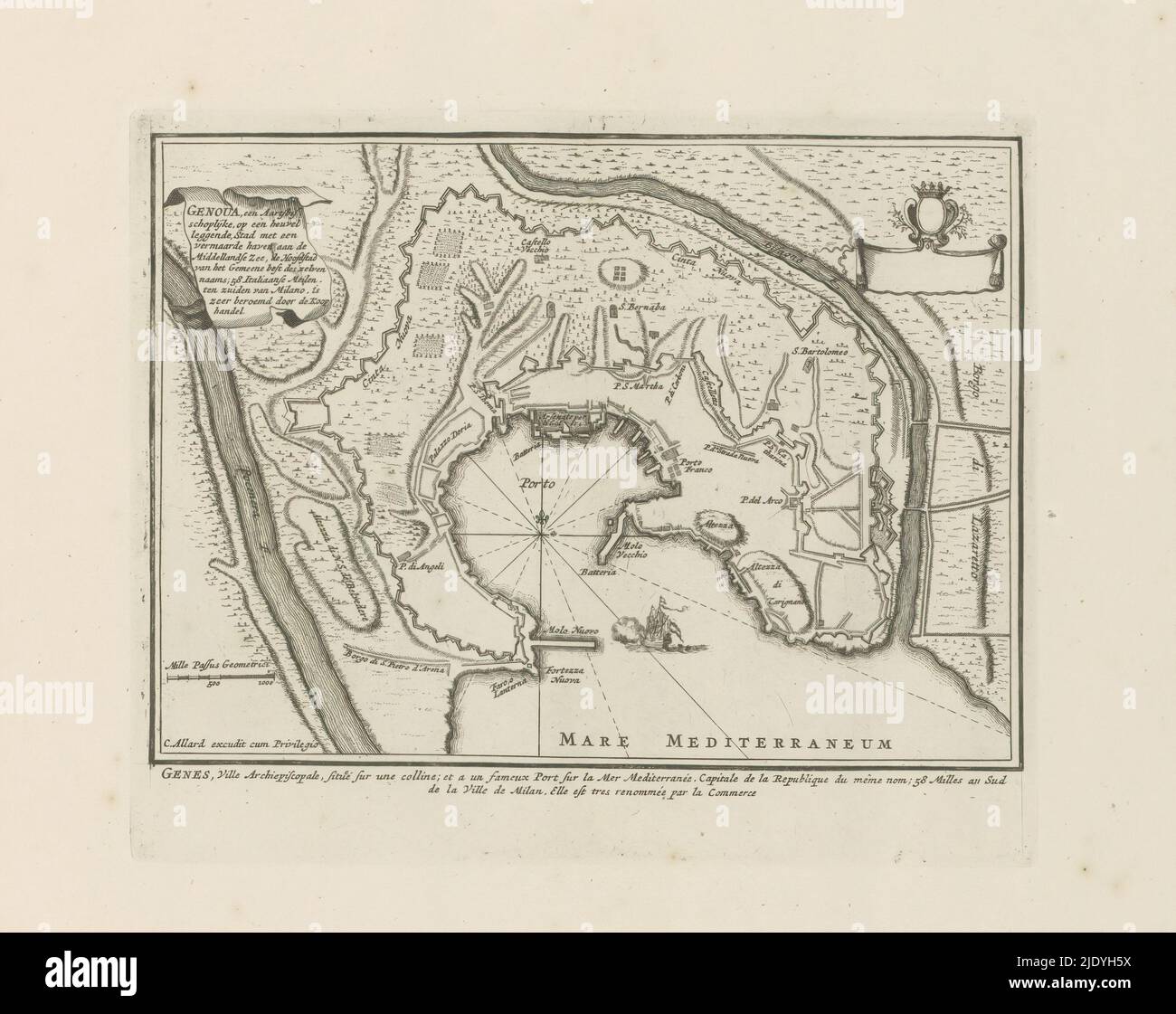 Mappa di Genova, Genoua, una città arcivescovile in cima alla collina (...) (Titolo in oggetto), Les principales Forteresses & Villes Fortes, d'Espagne, de France, d'Italie, de Savoië, d'Allemagne & des Pais-Bas (...) / Mappa nautica di Venezia. ..) / Naaukeurige afbeeldingen der Voornaam Sterke Steden en en Vestingen in Spanjen, Vrankryk, Italien, Savoyen, Duytsland en Nederlanden (...) (Titolo della serie), Plattegrond van Genua. Con testi in olandese e francese. La stampa fa parte di un album., stampatore: Abraham Allard, stampatore: CAREL Allard, editore: CAREL Allard, (menzionato sull'oggetto), stampatore: Amsterdam, p Foto Stock