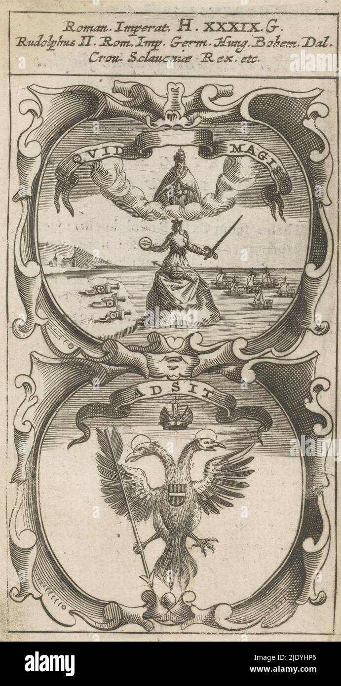 Giustizia e Dio Padre / aquila a due teste con freccia, Quid Magis / Adsit (titolo sull'oggetto), Symbola Divina et Humana Pontificum Imperatorum Regum (titolo della serie), emblema con due rappresentazioni. Sopra, la personificazione della Giustizia si trova su una roccia. I cannoni sono puntati a lei e una flotta di navi si sta avvicinando. Nelle nubi Dio Padre con un cuore in mano. Sotto un'aquila a doppia testa coronata con una freccia. Queste sono le valute dell'imperatore Rudolf II., creatore di stampa: anonimo, dopo stampa da: Aegidius Sadeler (II), 1666, carta, incisione, stampa della pressa del letterato, altezza 123 mm x wi Foto Stock