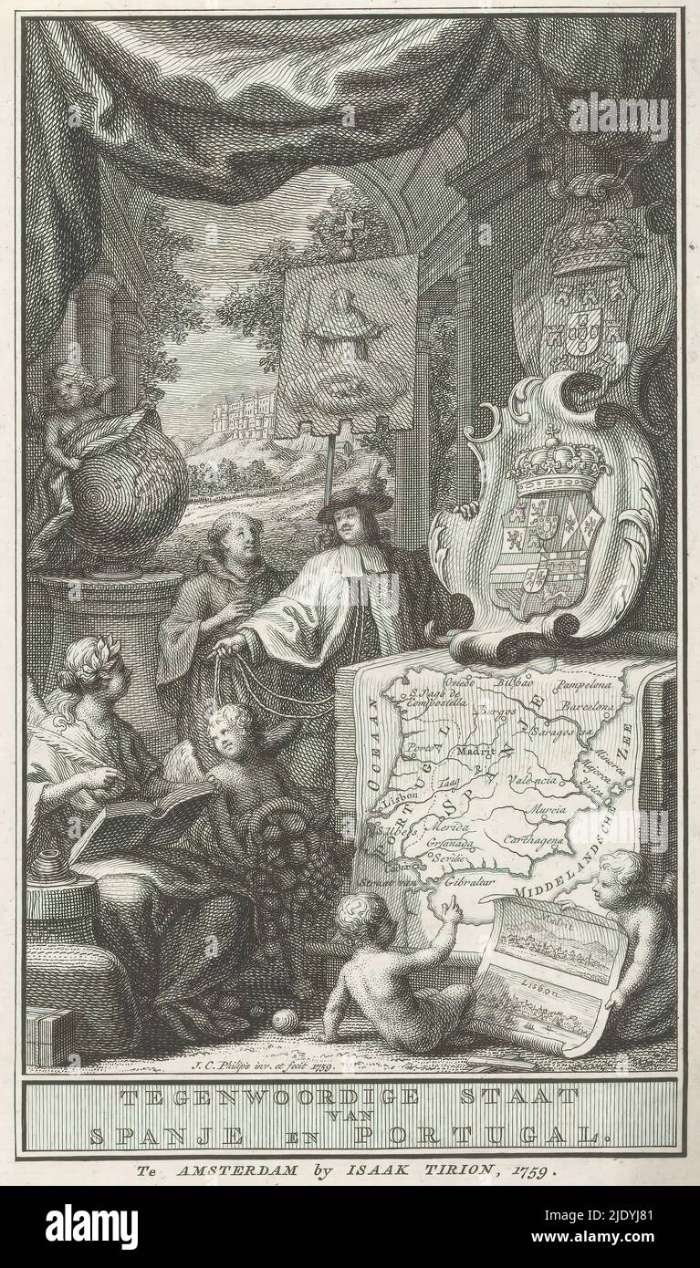 Allegoria di Spagna e Portogallo, Stato attuale di Spagna e Portogallo (titolo su oggetto), pagina del titolo per: Thomas Salmon, Hedendaagsche historie o stato attuale di Spagna e Portogallo, 1759, la storia si siede scrivendo accanto ad una mappa di Spagna e Portogallo su un piedistallo. Accanto a lei ci sono putti con un corno di abbondanza e vedute di Madrid e Lisbona. Sopra il piedistallo si trovano gli stemmi dei due paesi. Accanto ad esso si trova un uomo con cappello e un dominicano con bandiera che mostra Dominic con spada, ramo di oliva e agnello. A sinistra, un putto rivela la mappa dell'America su un globo., stampatore: Jan Caspar Philips, Foto Stock