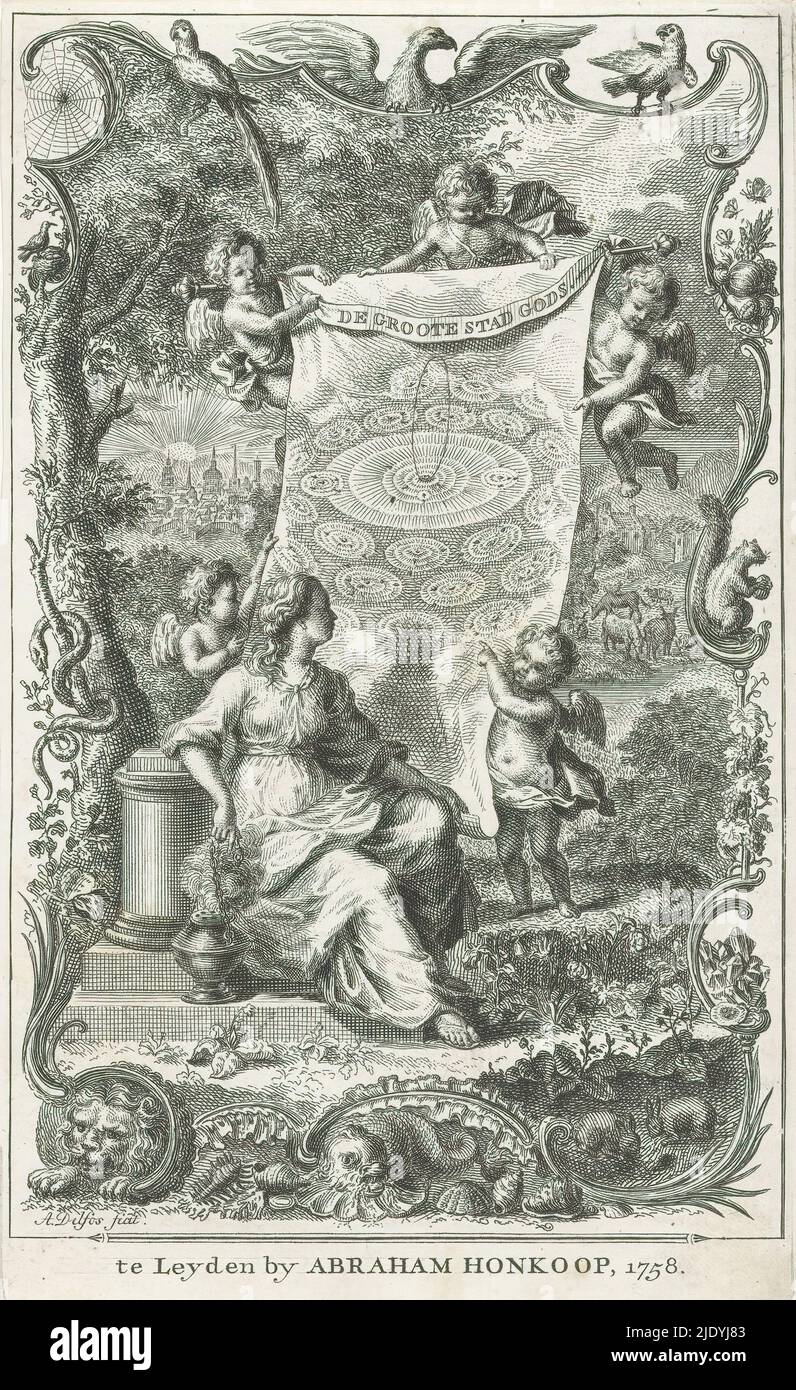Allegoria della Gerusalemme celeste, la grande città di Dio (titolo su oggetto), pagina del titolo per: Hermannus Samuel Reimarus, De voornaamste waarheden van den natuurlyken godsdienst, a tien verhandelingen, 1758, una personificazione femminile con censura seduta vicino ad una raffigurazione della Grande città di Dio, tenuta da putti. Sullo sfondo la silhouette della città di Gerusalemme. Cornice circostante con animali che includono un leone, serpente, scoiattolo e uccelli., creatore di stampa: Abraham Delfos, (menzionato sull'oggetto), editore: Abraham Honkoop (i), (menzionato sull'oggetto), Leiden, 1758, carta, incisione, altezza 180 mm x larghezza Foto Stock