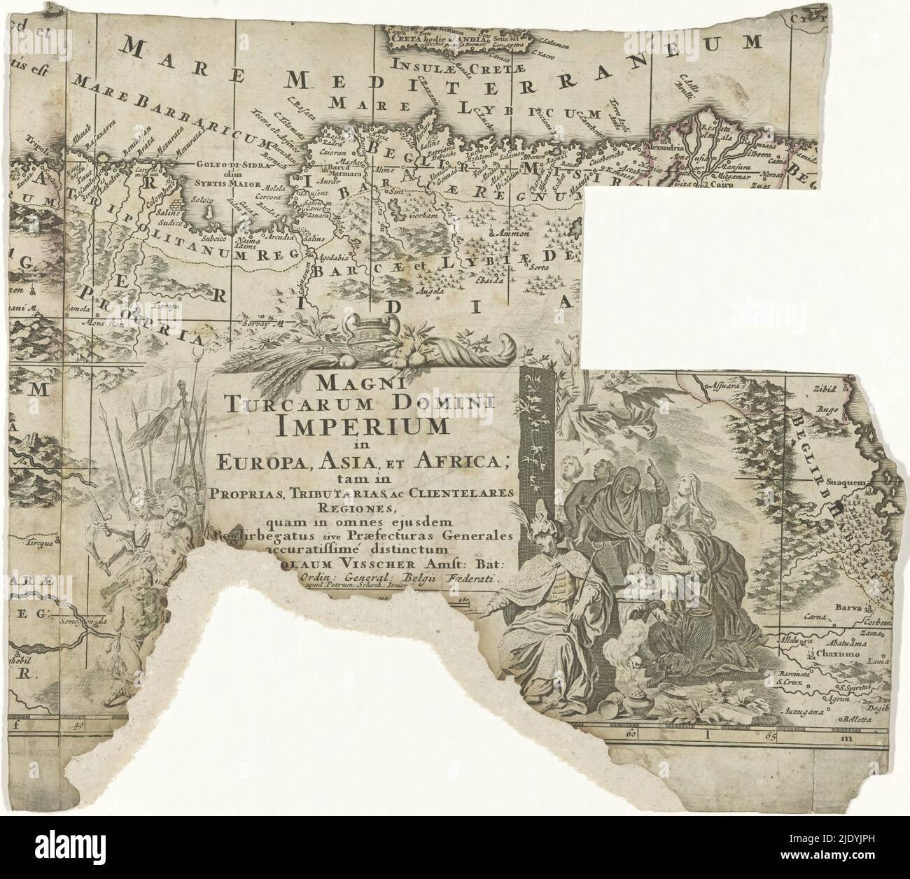 Soldati e scena allegorica che circondano il sultano turco, Magni Turcarum Domini Imperium in Europa, Asia e Africa (...) (Titolo su oggetto), che circonda una pietra con titolo sulla sinistra soldati con armi e sulla destra una scena allegorica relativa al sultano Turco. Dettaglio di una mappa dell'impero turco nel Mediterraneo con parti d'Europa, Nord Africa e Medio Oriente., tipografia: Gilliam van der Gouwen, dopo disegno di: Philip Tidemann, Nicolaes Visscher (i), (menzionato in oggetto), Amsterdam, 1720 - 1775, carta, incisione, altezza 283 mm x larghezza 313 mm Foto Stock