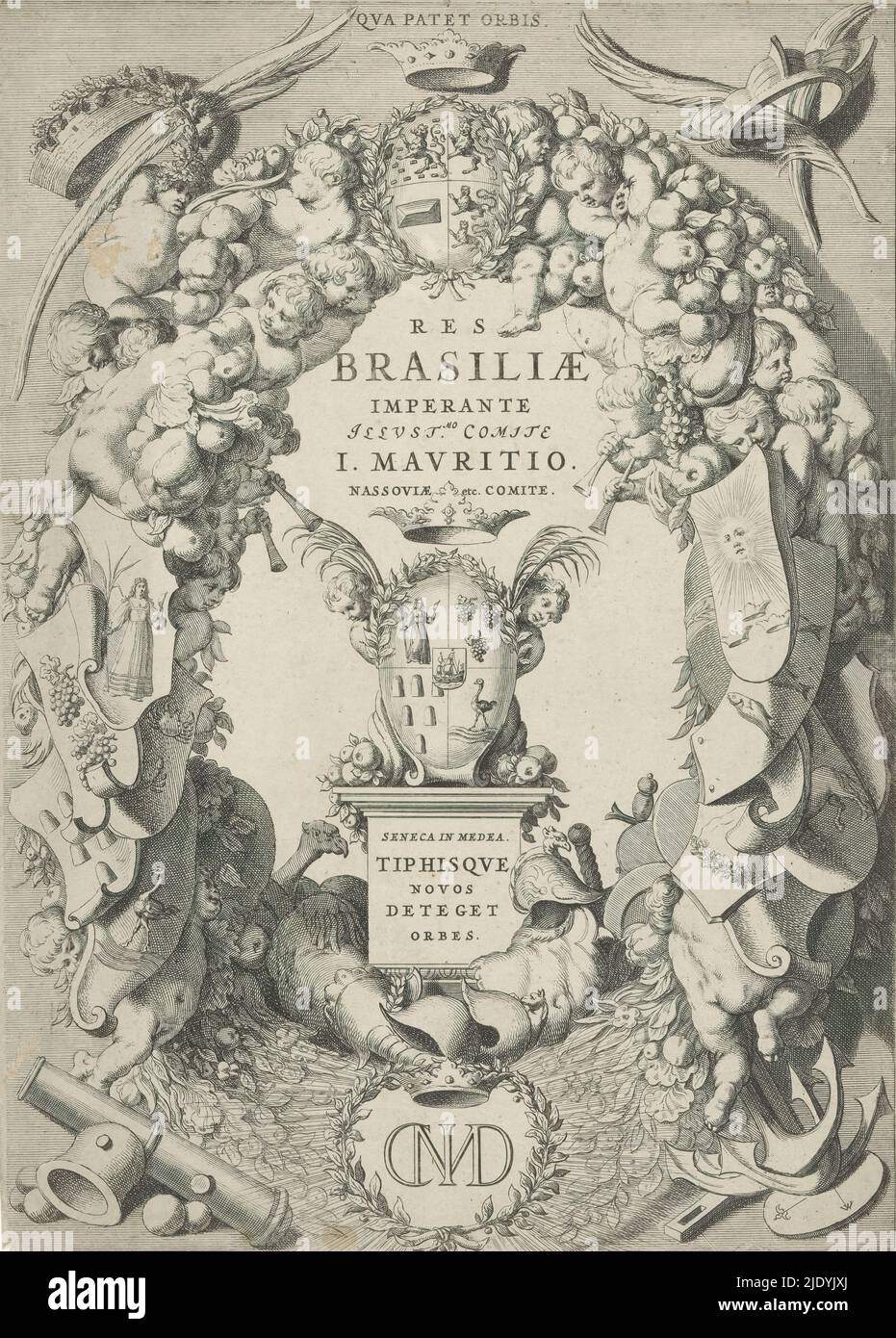 Stemma del Brasile in cornice con stemma e monogramma di Johan Maurits Conte di Nassau-Siegen, Res Brasiliae imperante illust.mo comite I. Mauritio. Nassoviae ecc. comite (titolo su oggetto), pagina del titolo per: Caspar Barlaeus, Rerum per octennium in Brasilia et alibi nuper gestarum sub praefectura J. Mauritii, Nassoviae, 1647, lo stemma del Brasile circondato da una cornice di frutta e verdura, stemmi e putti. In cima lo stemma di Johan Maurits, conte di Nassau-Siegen, in fondo il suo monogramma., stampatore: Jan van Bosterhuyzen, (possibilmente), editore: Johannes Foto Stock