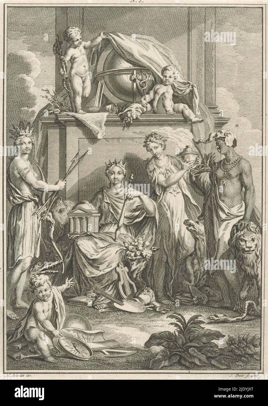 Rappresentazione allegorica con personificazioni di quattro continenti, un putto con strumenti di misura indica le quattro personificazioni femminili dei continenti America, Europa, Asia e Africa. Dietro di loro, due putti con esculape e caduceo rivelano un globo. Top Center N. 1., stampatore: Jan Punt, (menzionato sull'oggetto), dopo disegno di: Hubert Francois Gravelot, (menzionato sull'oggetto), Paesi Bassi, 1721 - 1779, carta, incisione, incisione, altezza 212 mm x larghezza 152 mm Foto Stock
