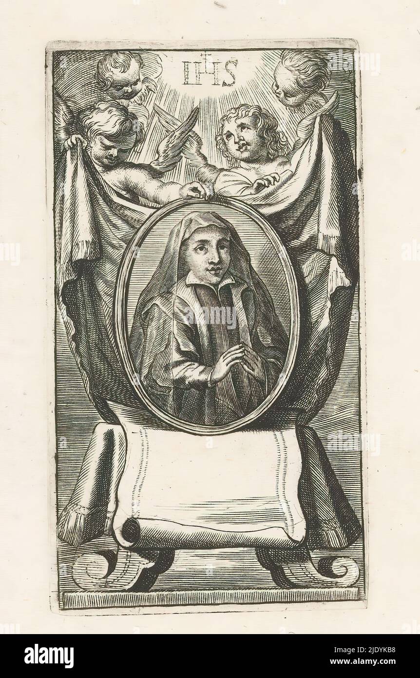 Ritratto di donna sconosciuta, Ritratto di una donna velata sconosciuta, una sorella, in un medaglione. Dietro, due putti con drappeggi sotto Cristo monogramma IHS., tipografo: anonimo, 1600 - 1700, carta, incisione, incisione, altezza 98 mm x larghezza 55 mm Foto Stock