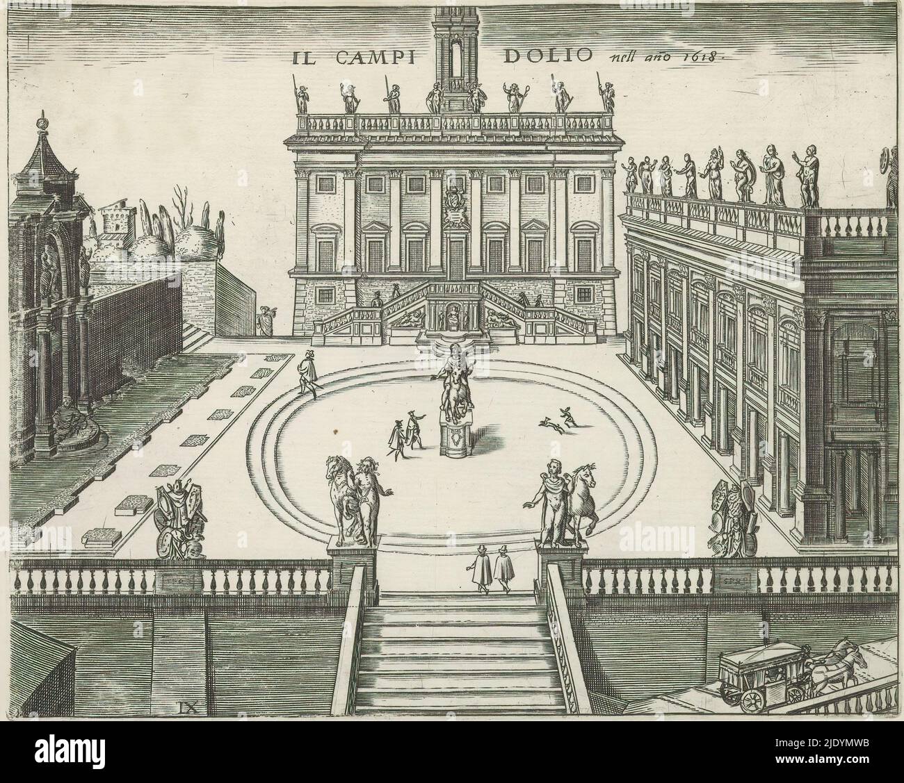 Campidoglio a Roma, il Campidoglio nell ano 1618 (titolo in oggetto), veduta del Campidoglio con Piazza del Campidoglio e i palazzi che contengono i Musei Capitolini. Al centro, la statua equestre di Marco Aurelio. La stampa fa parte di un album., tipografo: Giacomo Lauro, (possibilmente), Italia, 1584 - 1637, carta, incisione, altezza 179 mm x larghezza 225 mm Foto Stock