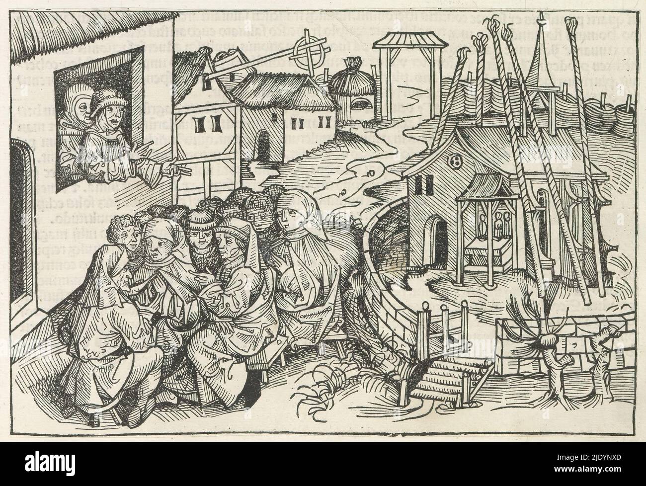 Hans Bohm di Niklashausen predicazione, Liber Chronicarum (titolo della serie), in un villaggio, un gruppo di persone ascoltare un uomo in una finestra cornice. A destra, una chiesa o cappella. La rappresentazione è del Liber Chronicarum. Il testo di questo libro identifica l'uomo come Hans Bohm di Niklashausen. Quest'uomo predicò le vergognose vite del clero e invitò la gente a non pagare tasse e pedaggi. La stampa fa parte di un album., stampatore: Michel Wolgemut, (laboratorio di), stampatore: Wilhelm Pleydenwurff, (laboratorio di), Neurenberg, 1493, carta, stampa su carta intestata, altezza 154 mm x larghezza 225 m. Foto Stock