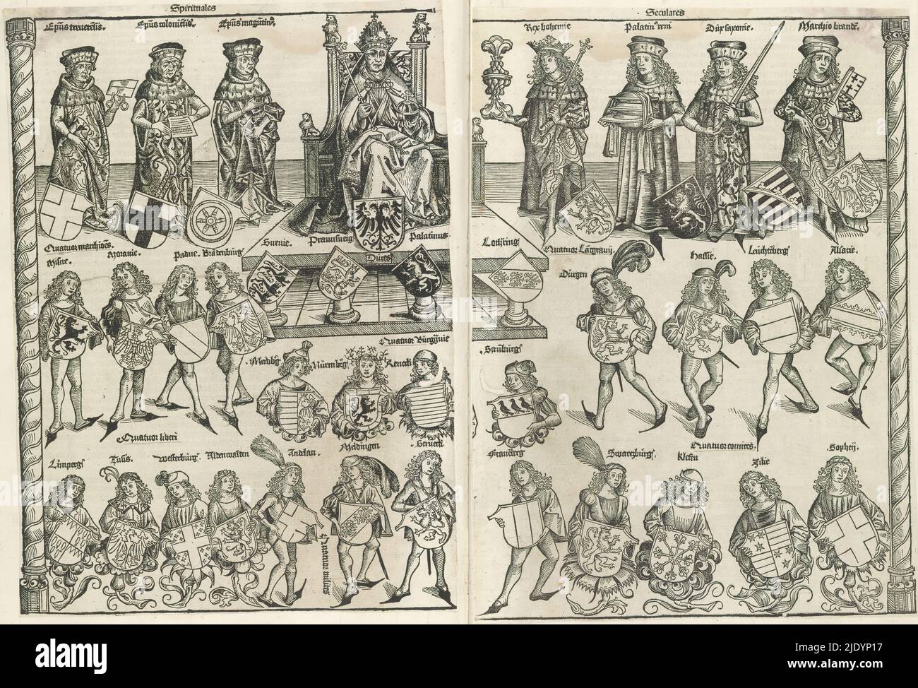 Elezione dell'imperatore, Liber Chronicarum (titolo della serie), rappresentazione a doppia foglia (qui in due parti) dal Liber Chronicarum. Mostra l'imperatore tedesco come capo del Sacro Romano Impero. Siede in granata imperiale, con scettro e mela imperiale, su un trono. Davanti a lui lo stemma imperiale con l'aquila a doppia testa. Il suo trono è su un podio sostenuto da quattro pilastri. Essi rappresentano i quattro duchies della Germania: Swabia (tre leoni neri coronati), Brunswick (due leopardi), Palatinato (un leone ascendente su sfondo nero) e Lorena (tre aquile su una barra diagonale). L'em Foto Stock