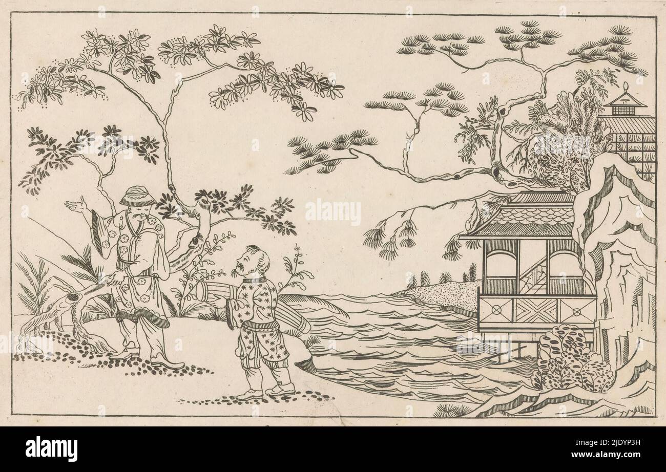 Due uomini cinesi in un paesaggio, recentemente inventato Sineesen, ha incontrato groote moeyte geteekent en in 't ligt gegeven, porta P: Schenk Jun (...), prima parte (titolo della serie), a sinistra due uomini cinesi in un paesaggio. Nel mezzo un fiume. A destra, un edificio., tipografo: Pieter Schenk (II), dopo disegno di: Pieter Schenk (II), editore: Pieter Schenk (II), Amsterdam, 1727 - 1775, carta, incisione, altezza 165 mm x larghezza 260 mm Foto Stock
