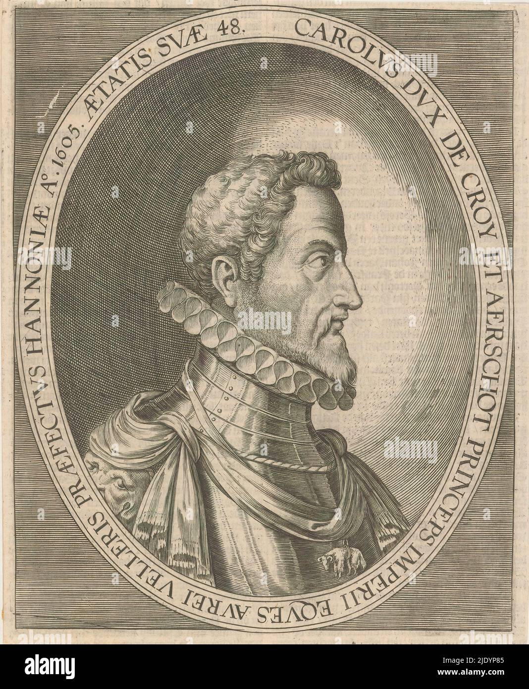 Ritratto di Carlo III di Croÿ, duca di Aarschot, all'età di 48 anni, Ritratto di Carlo III di Croÿ in una cornice ovale con caratteri di bordo., tipografo: anonimo, 1608 - 1699, carta, incisione, stampa su carta intestata, altezza 184 mm x larghezza 151 mm Foto Stock