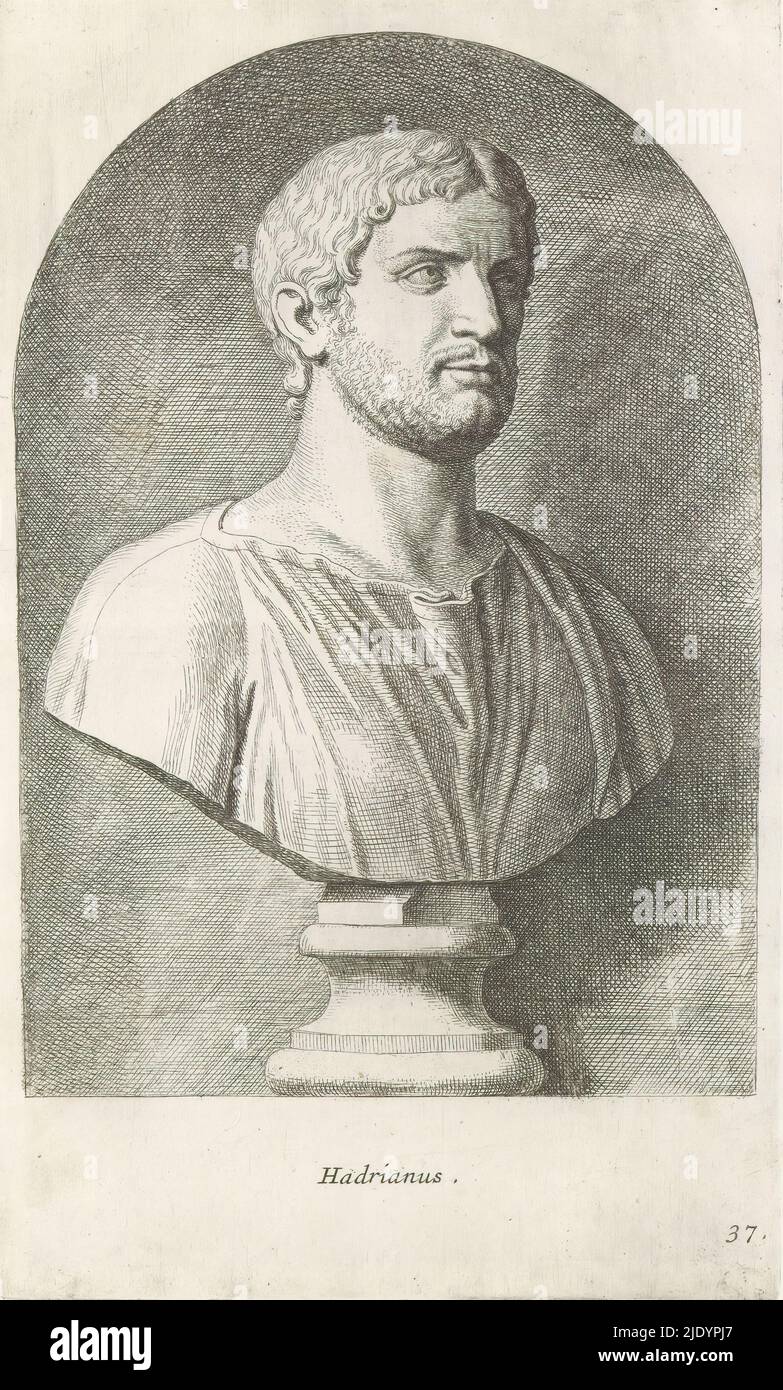 Busto dell'imperatore Adriano, Octavia (titolo sull'oggetto), busto classico di un uomo barbuto in una camicia. La stampa fa parte di un album contenente una serie di stampe dopo sculture nella collezione di Gerard Reynst., tipografia: Hubert Quellinus, tipografia: Gerard de Lairesse, (rejected attribuzione), Anversa, 1646 - 1670, carta, incisione, altezza 325 mm x larghezza 193 mm Foto Stock