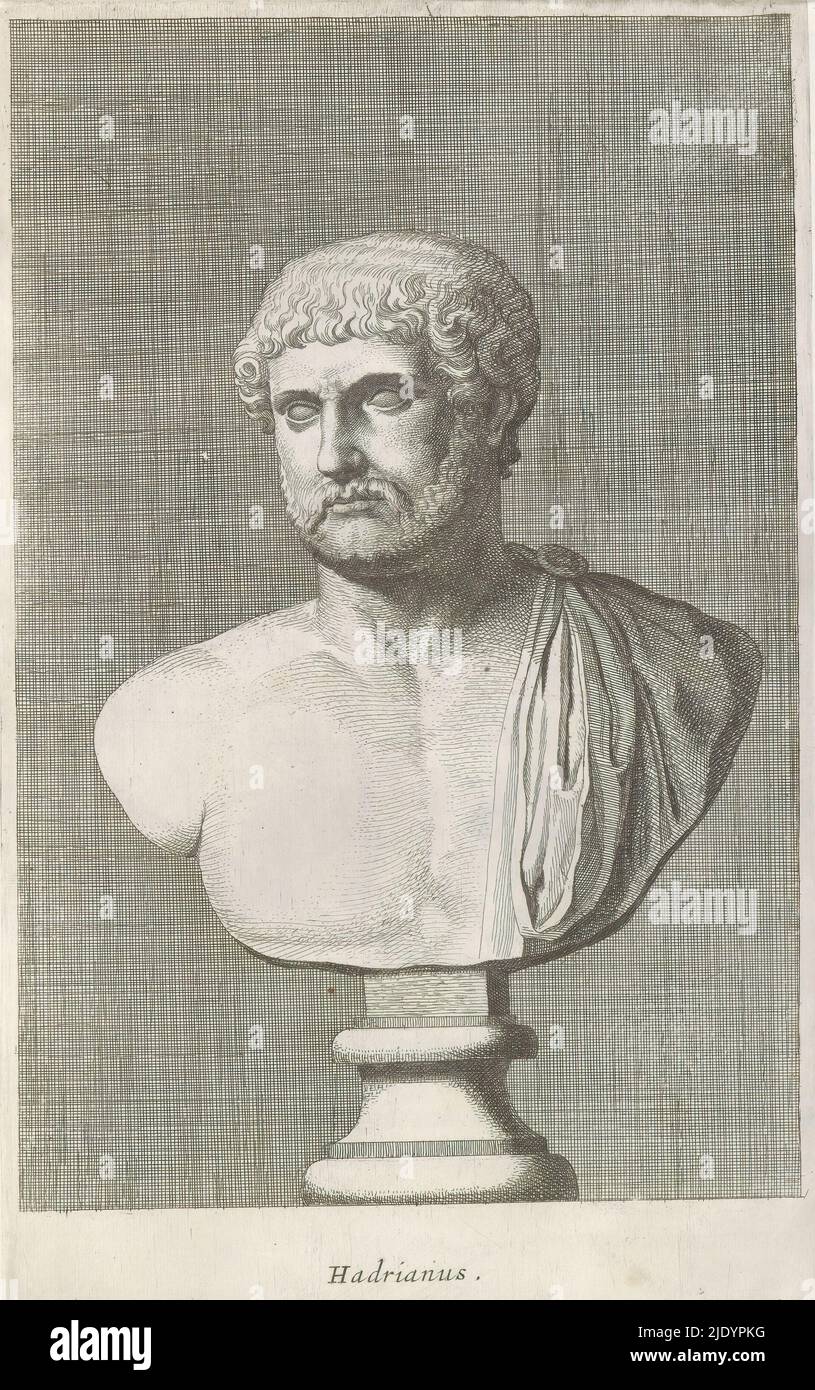 Busto dell'imperatore Adriano, Adriano (titolo sull'oggetto), busto classico di un uomo barbuto con corpo superiore semi barbato. La stampa fa parte di un album con una serie di stampe dopo le sculture della collezione di Gerard Reynst., tipografia: Hubert Quellinus, tipografia: Gerard de Lairesse, (rejected attribuzione), Anversa, 1646 - 1670, carta, incisione, altezza 325 mm x larghezza 192 mm Foto Stock