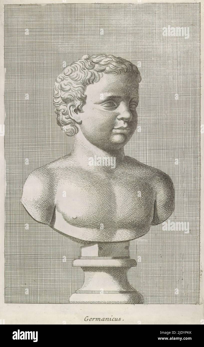 Busto di Germanico, Germanico (titolo sull'oggetto), busto classico di un ragazzo con corpo superiore barato, girato a destra. La stampa fa parte di un album contenente una serie di stampe dopo sculture nella collezione di Gerard Reynst., tipografia: Hubert Quellinus, tipografia: Gerard de Lairesse, (rejected attribuzione), Anversa, 1646 - 1670, carta, incisione, altezza 325 mm x larghezza 198 mm Foto Stock