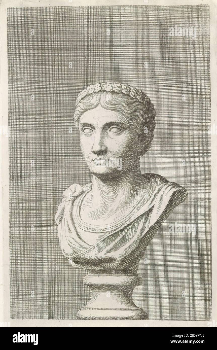 Busto di un giovane con corona di alloro, a sinistra, la stampa fa parte di un album contenente una serie di stampe dopo sculture nella collezione di Gerard Reynst., tipografia: Hubert Quellinus, tipografia: Gerard de Lairesse, (rejected attribuzione), Anversa, 1646 - 1670, carta, incisione, altezza 325 mm x larghezza 194 mm Foto Stock