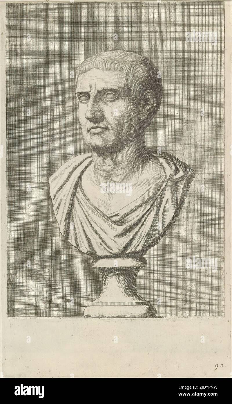 Busto di un uomo in toga, a sinistra, la stampa fa parte di un album contenente una serie di stampe dopo le sculture della collezione di Gerard Reynst., tipografia: Hubert Quellinus, tipografia: Gerard de Lairesse, (rifiuto di attribuzione), Anversa, 1646 - 1670, carta, incisione, altezza 325 mm x larghezza 194 mm Foto Stock