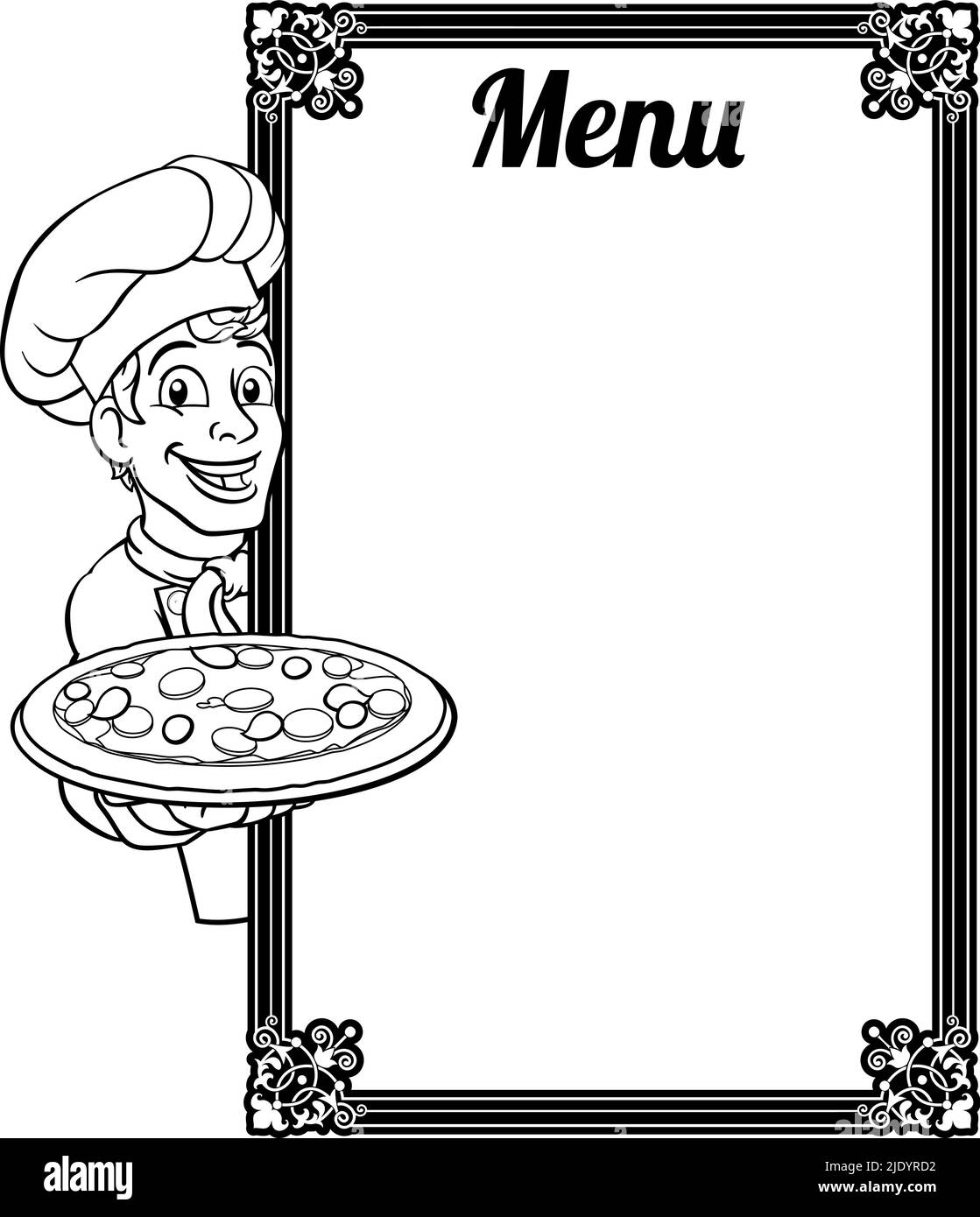 Pizza Chef Cook Cartoon Man Menu segno sfondo Illustrazione Vettoriale