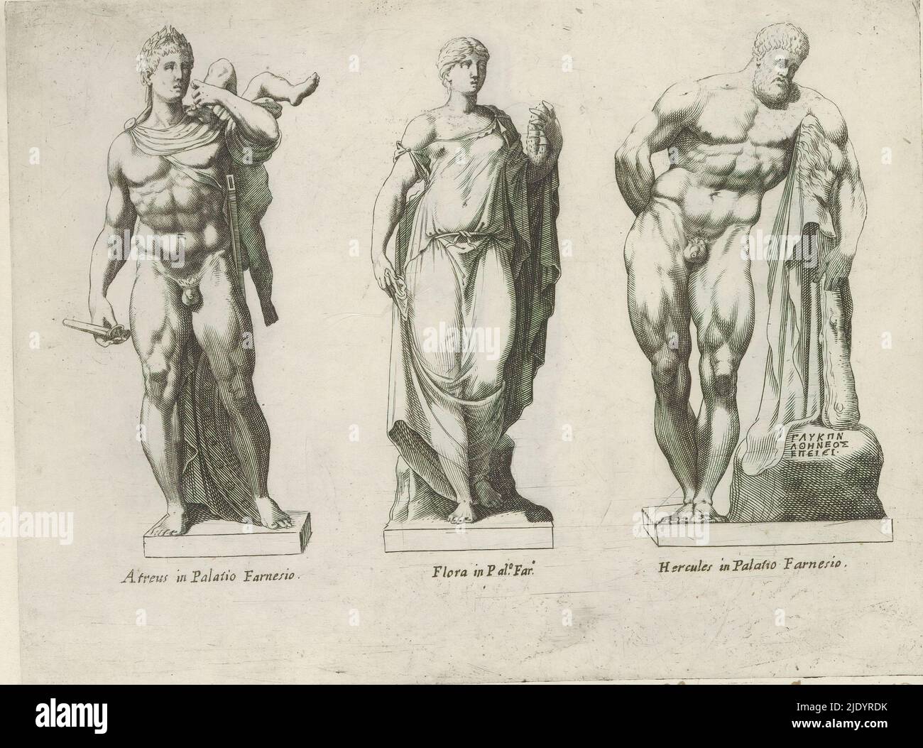 Sculture di Atreo, Flora e gli Ercole Farnese, sculture di antichità (titolo della serie), Capzioni in latino. Print fa parte di un album., print maker: anonymous, editore: Giovanni Battista de'Rossi, editore: Antonio Salamanca, (rejected attribuzione), print maker: Italia, editore: Roma, Editore: Roma, Vaticano, 1538 e/o 1641, carta, incisione, altezza 178 mm x larghezza 237 mm Foto Stock
